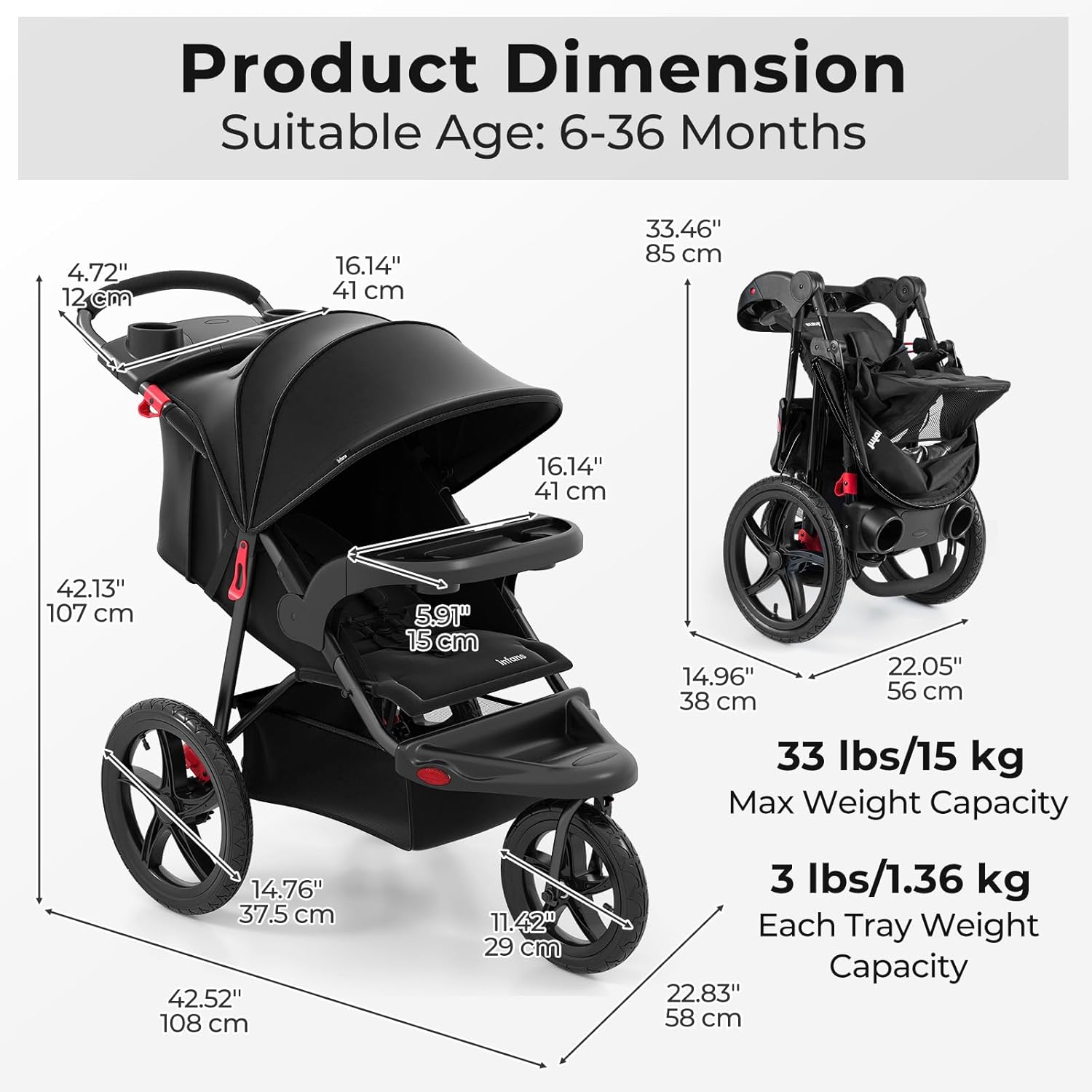INFANS Jogging Stroller, Jogger Travel System with Shock Absorbing Suspension Dining Plate Cup Holder