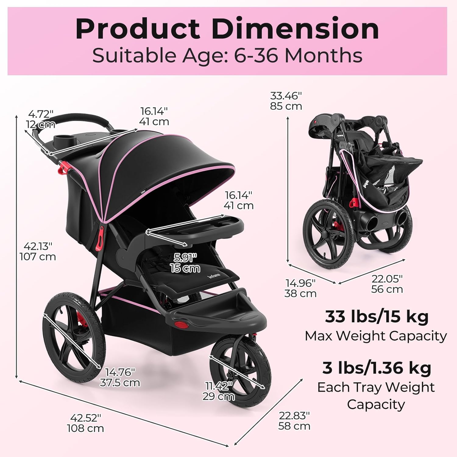 INFANS Jogging Stroller, Jogger Travel System with Shock Absorbing Suspension Dining Plate Cup Holder