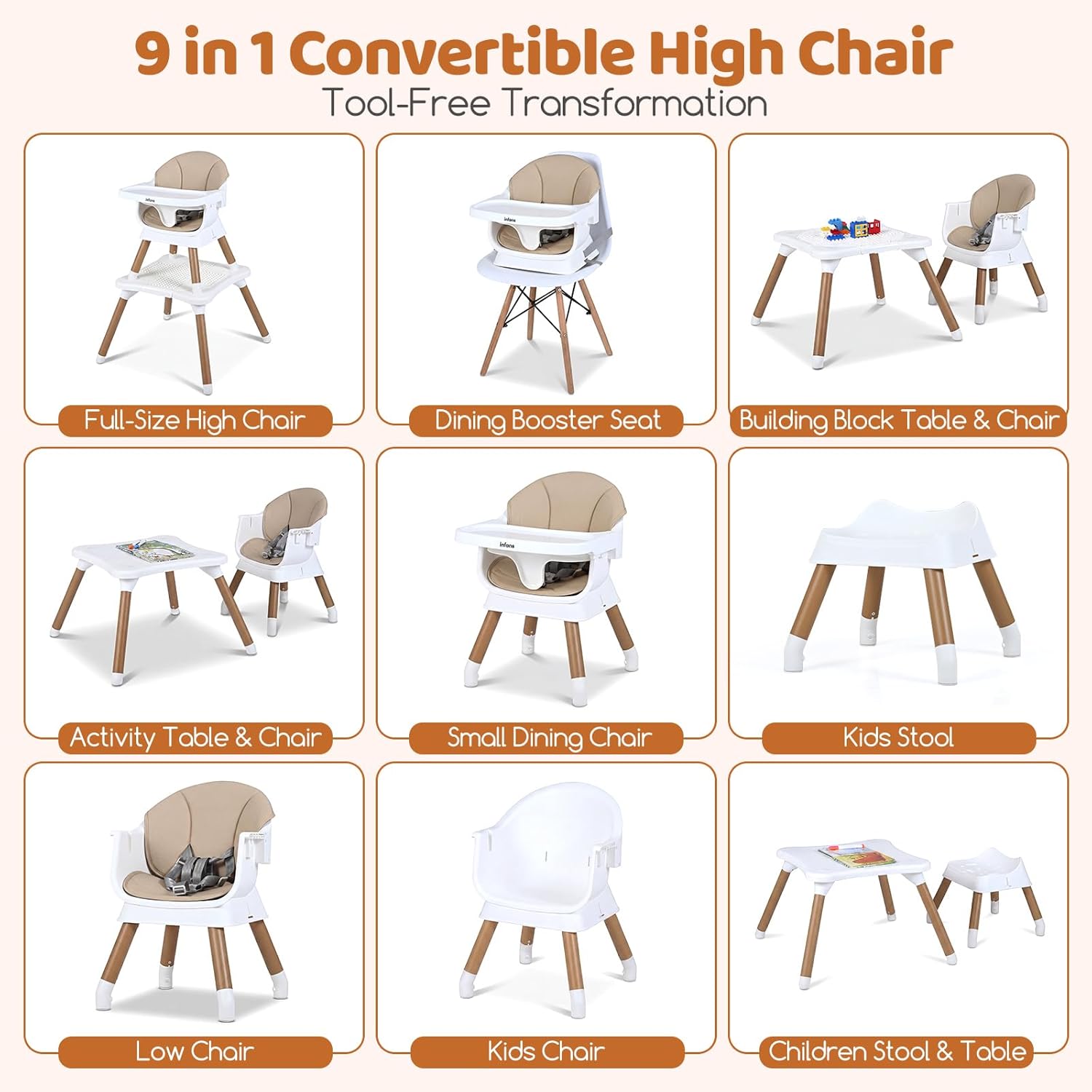 INFANS Baby High Chair 9 in 1 Convertible Highchair for Babies and Toddlers