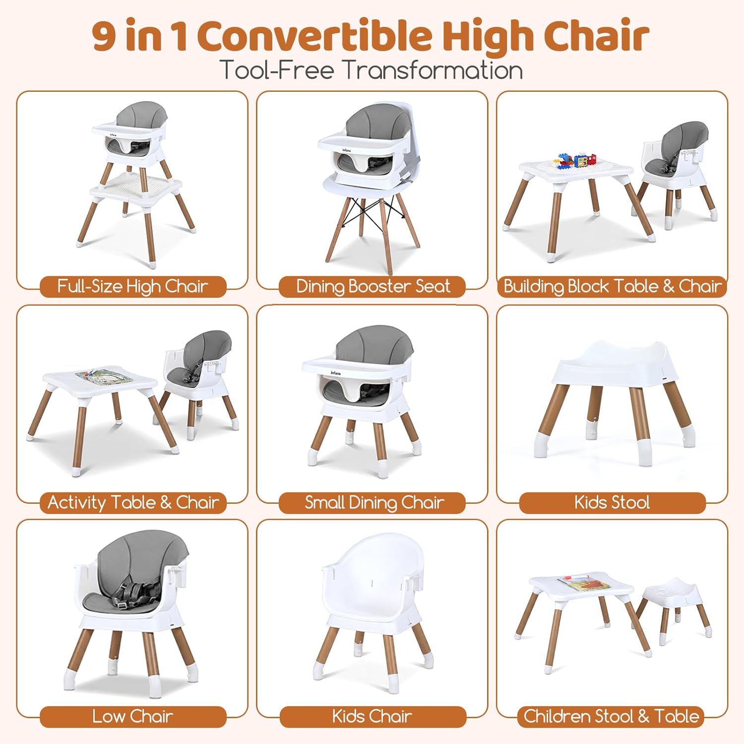 INFANS Baby High Chair 9 in 1 Convertible Highchair for Babies and Toddlers