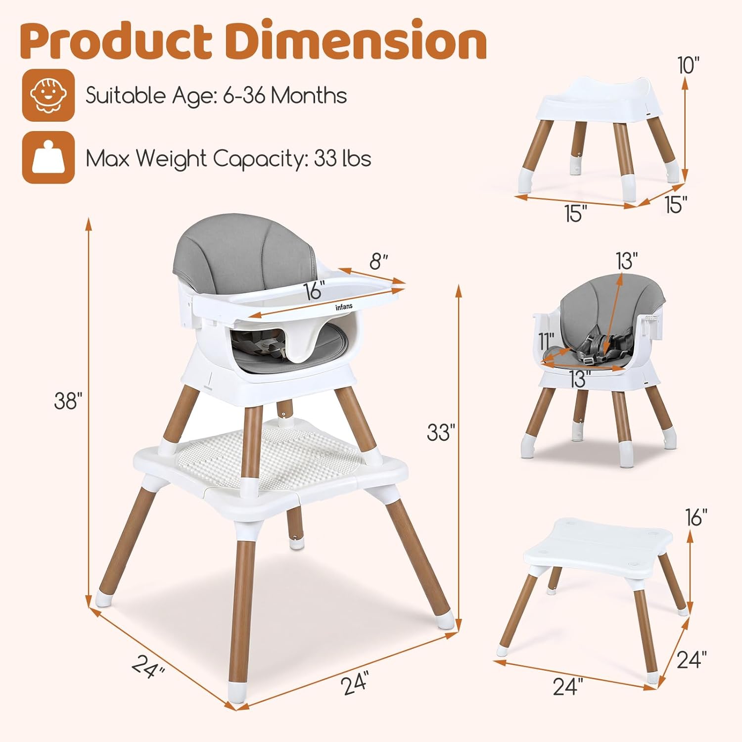 INFANS Baby High Chair 9 in 1 Convertible Highchair for Babies and Toddlers