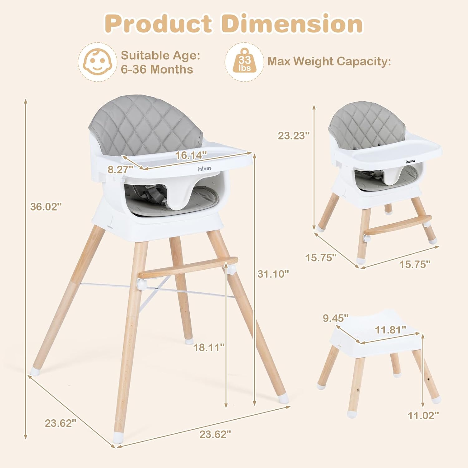 INFANS Baby High Chair 6 in 1 Wooden Convertible Highchair for Babies and Toddlers