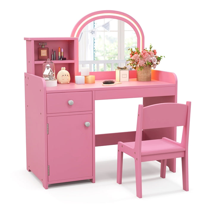 INFANS Kids Vanity, Princess Makeup Desk and Chair Set with Lights Mirror, Pretend Play Vanity Set for Toddler Girls