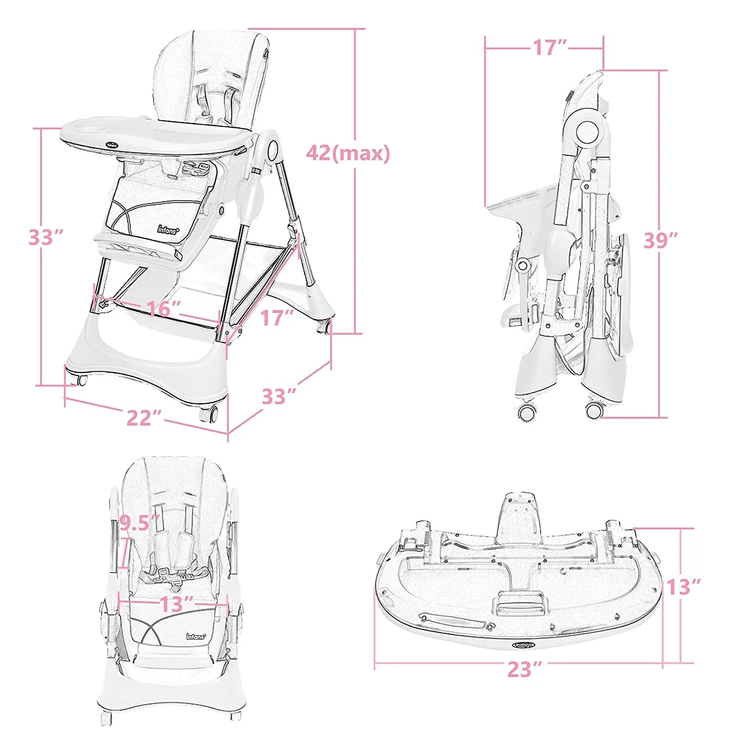High Chair with One-Hand Removable TrayFoldable for Baby INFANS