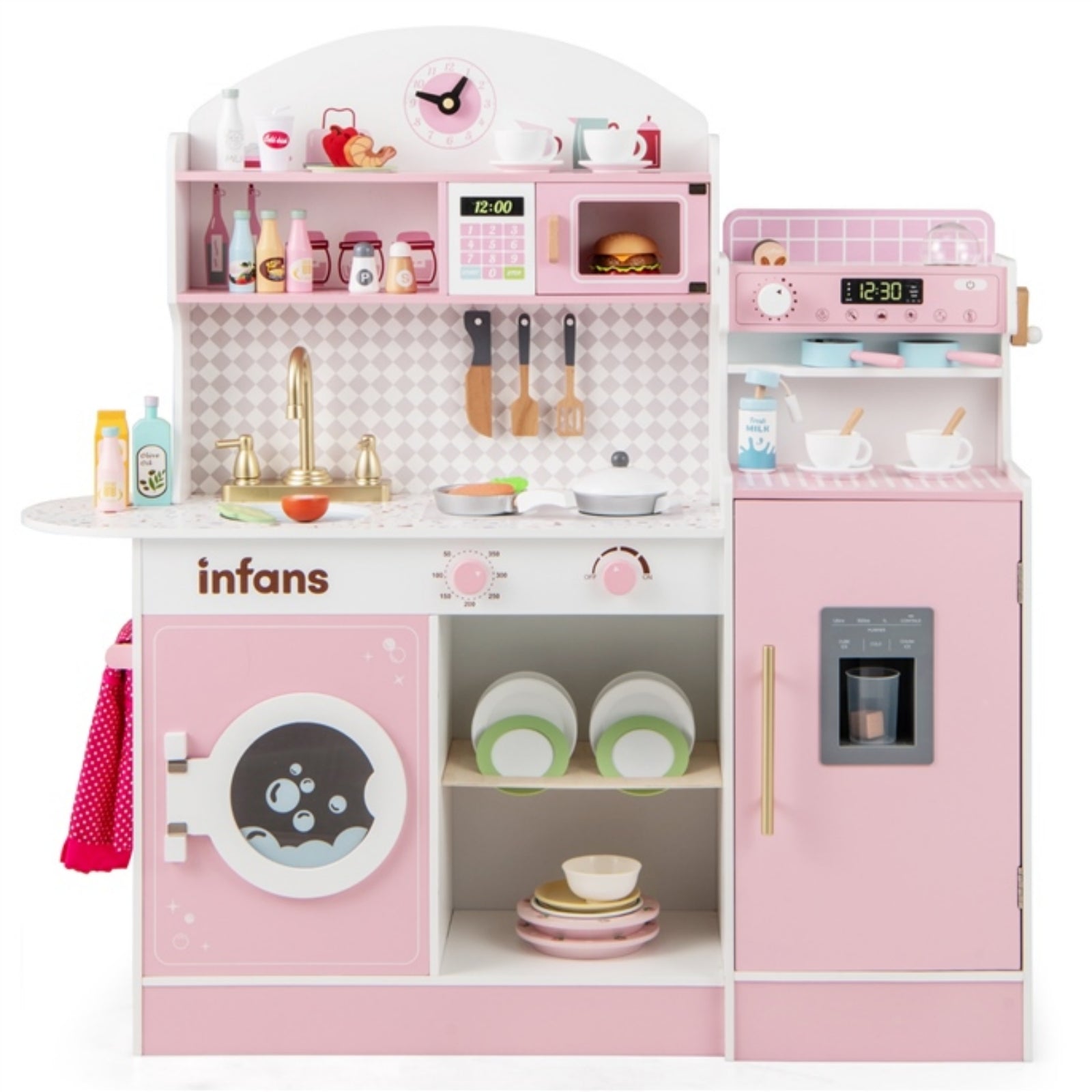 INFANS Kids Kitchen Playset, Toddler Wooden Kitchen Pretend Cooking Toy Set with Coffee Maker