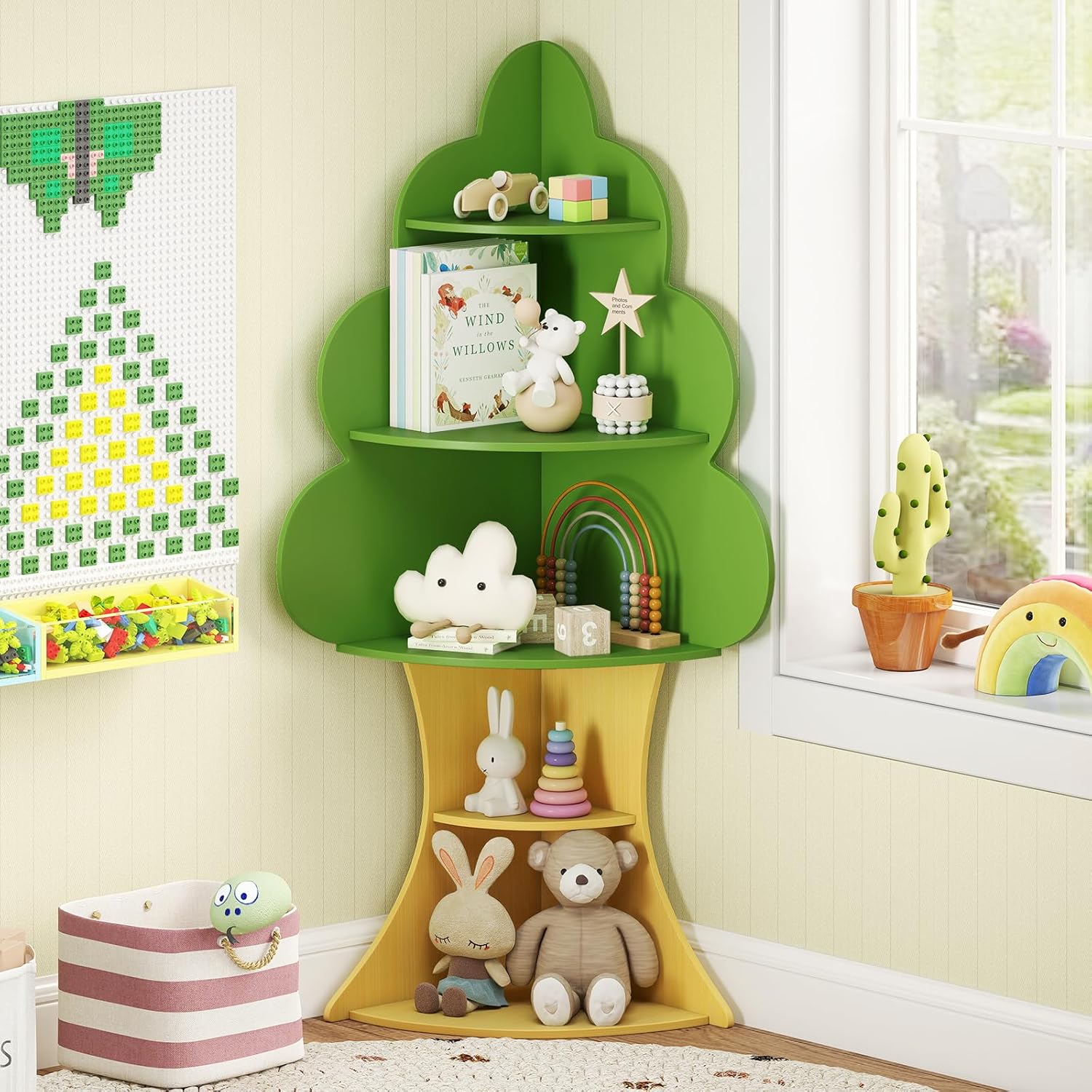 INFANS Tree Kids Bookshelf, Wood 5-Tier Corner Bookcase, Baby Montessori Shelf Rack Children's Bookcase