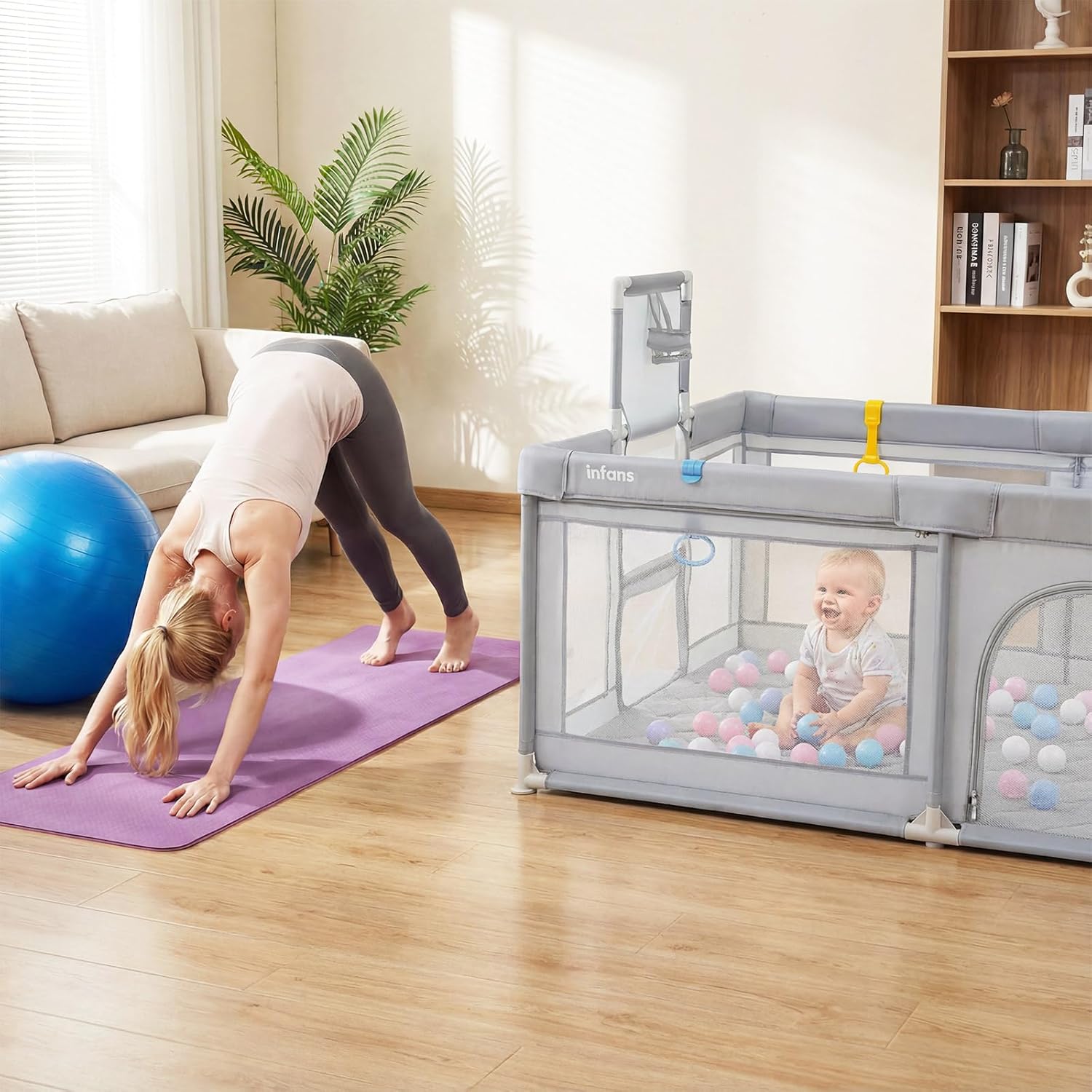 INFANS 74" x 62" Baby Playpen with Soft Mat, Basketball Hoop, 2 Soccer Goals, 4 Handles & 50 Ocean Balls