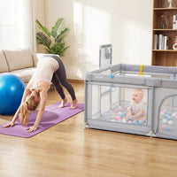 INFANS 74" x 62" Baby Playpen with Soft Mat, Basketball Hoop, 2 Soccer Goals, 4 Handles & 50 Ocean Balls