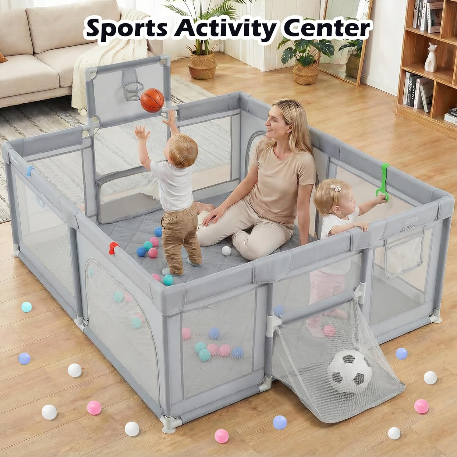 INFANS 74" x 62" Baby Playpen with Soft Mat, Basketball Hoop, 2 Soccer Goals, 4 Handles & 50 Ocean Balls