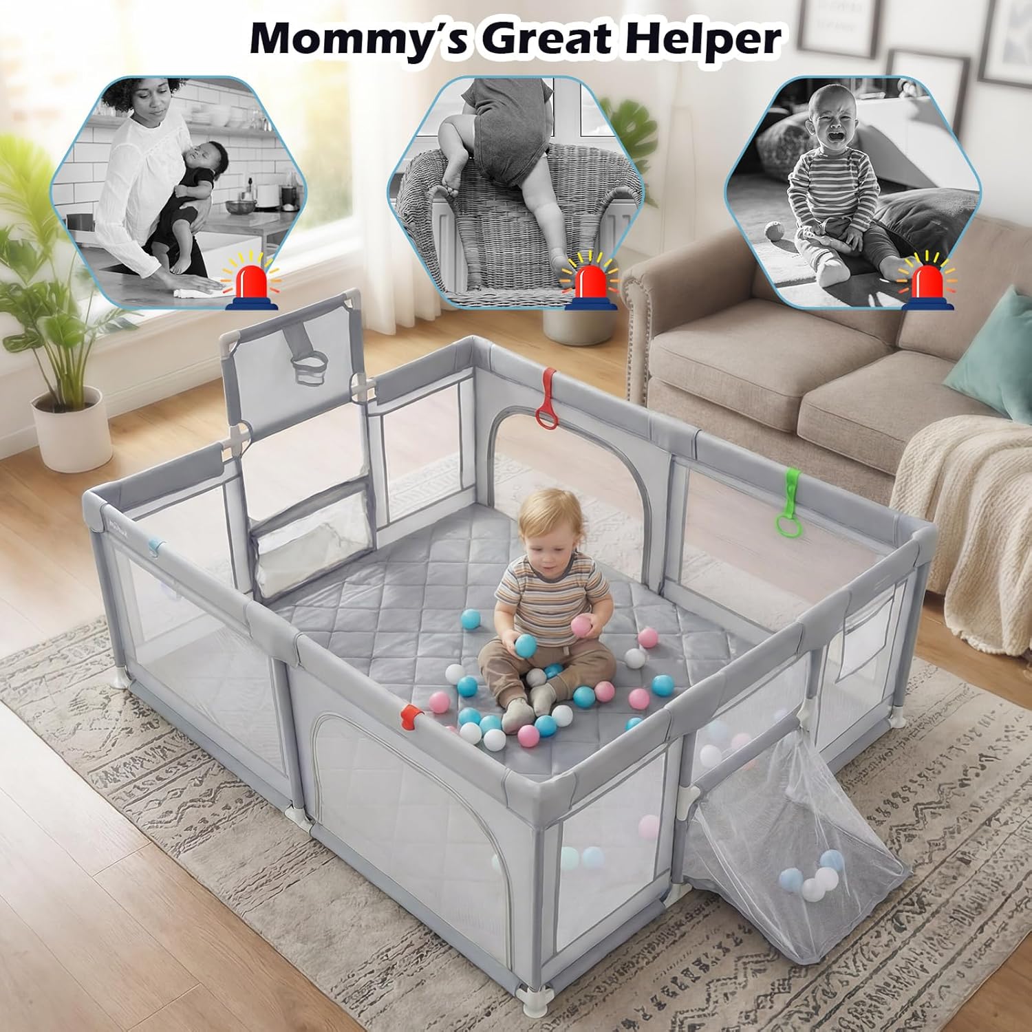 INFANS 74" x 62" Baby Playpen with Soft Mat, Basketball Hoop, 2 Soccer Goals, 4 Handles & 50 Ocean Balls
