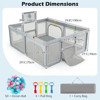 INFANS 74" x 62" Baby Playpen with Soft Mat, Basketball Hoop, 2 Soccer Goals, 4 Handles & 50 Ocean Balls