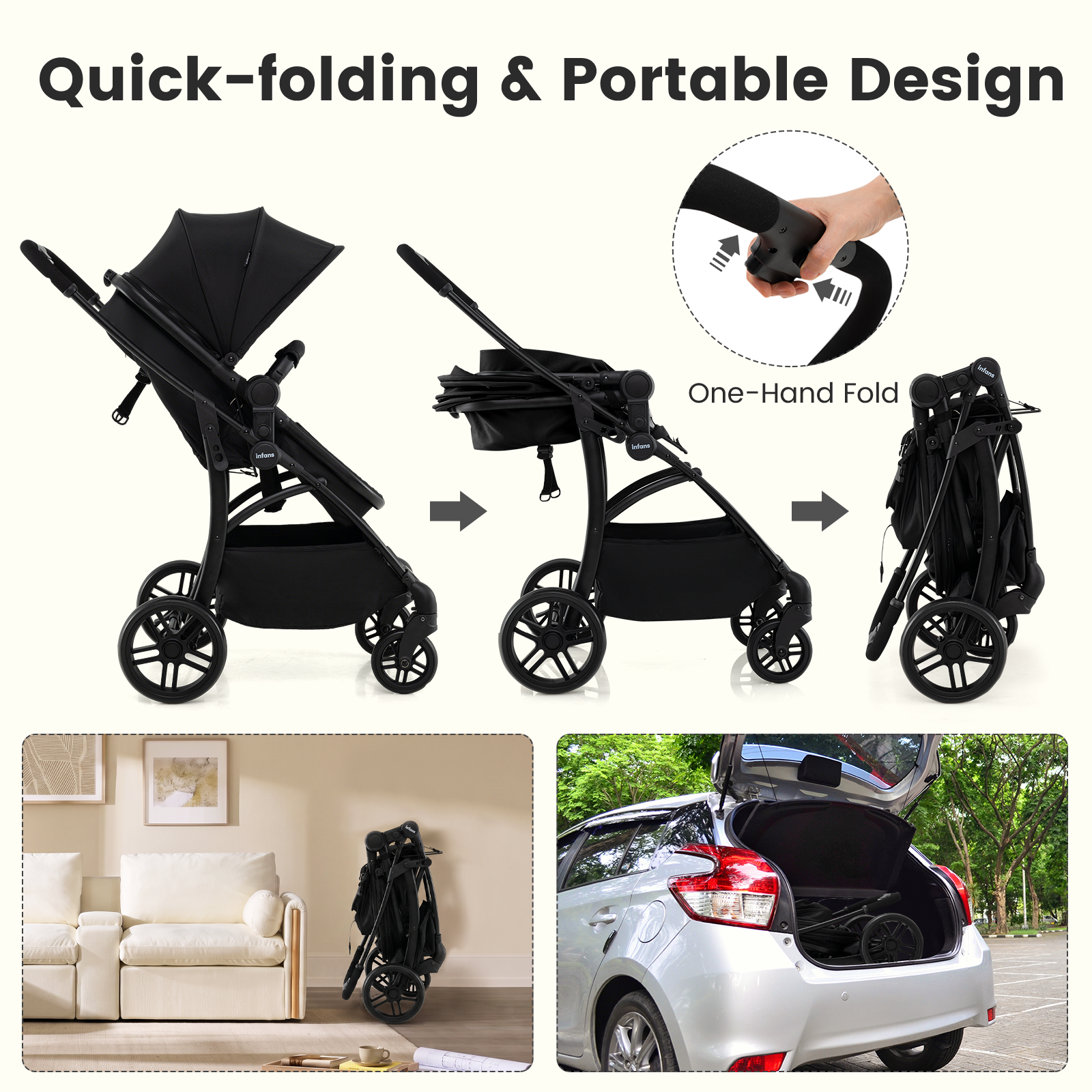 INFANS 2 in 1 Baby Stroller, Convertible Stroller with Reversible Seat Adjustable Backrest Canopy One Hand Fold