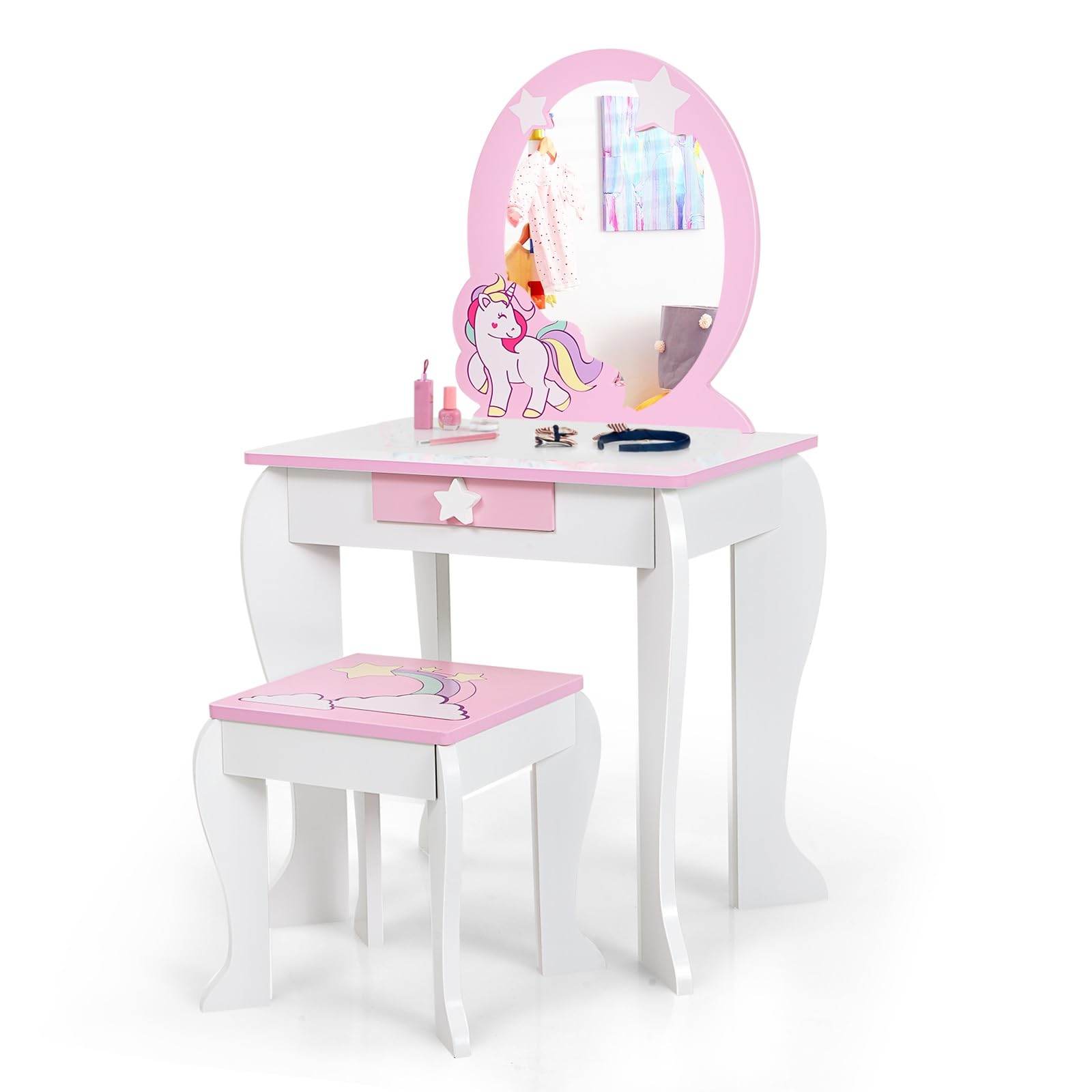 Kids Princess Vanity Table and Chair Set Little Princess Wooden Vanity Set with Detachable Mirror