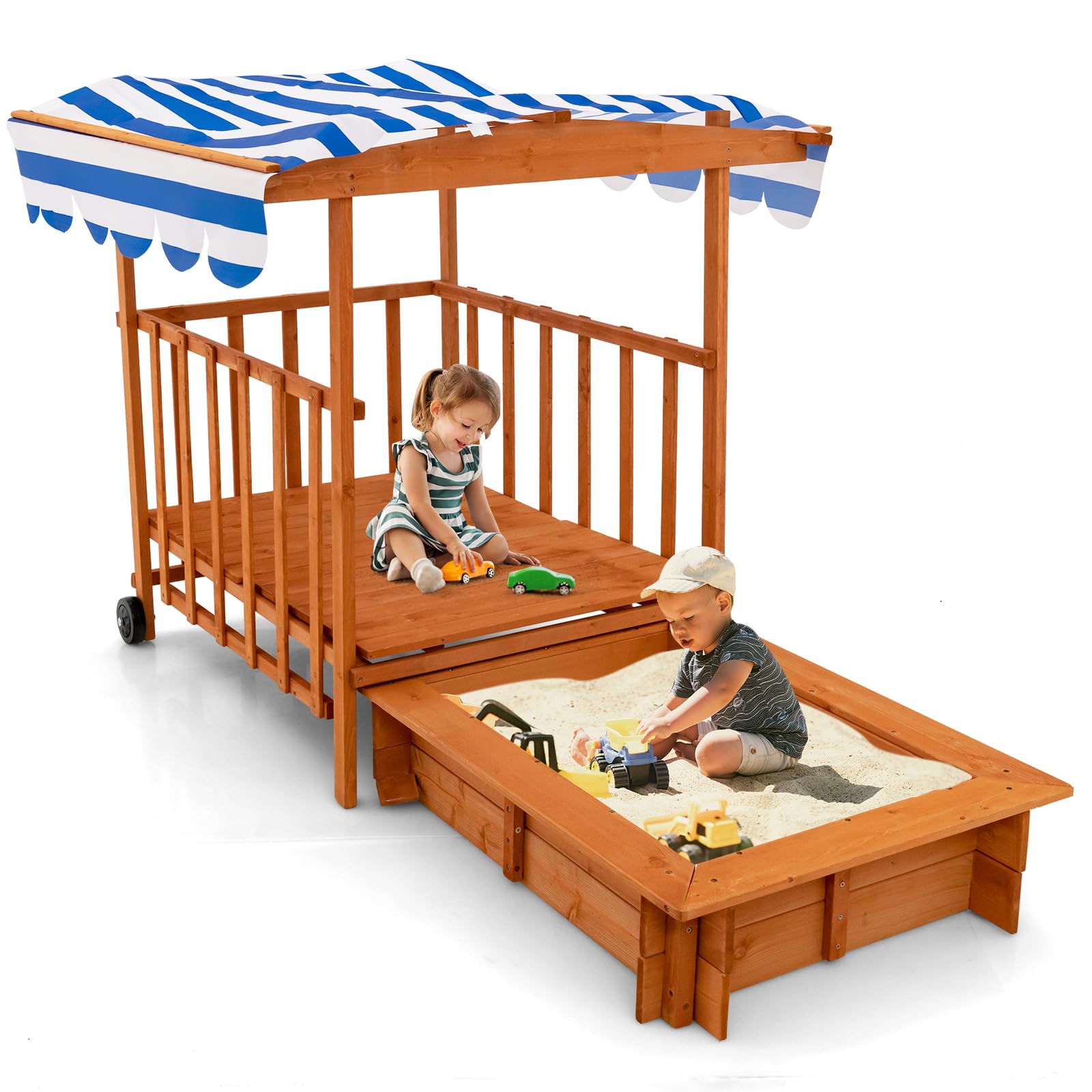 INFANS Children Playset Sandpit, 3 in 1 Kids Sandbox, Wooden Cedar Cabana Sandbox Playhouse for Outdoor Beach Backyard
