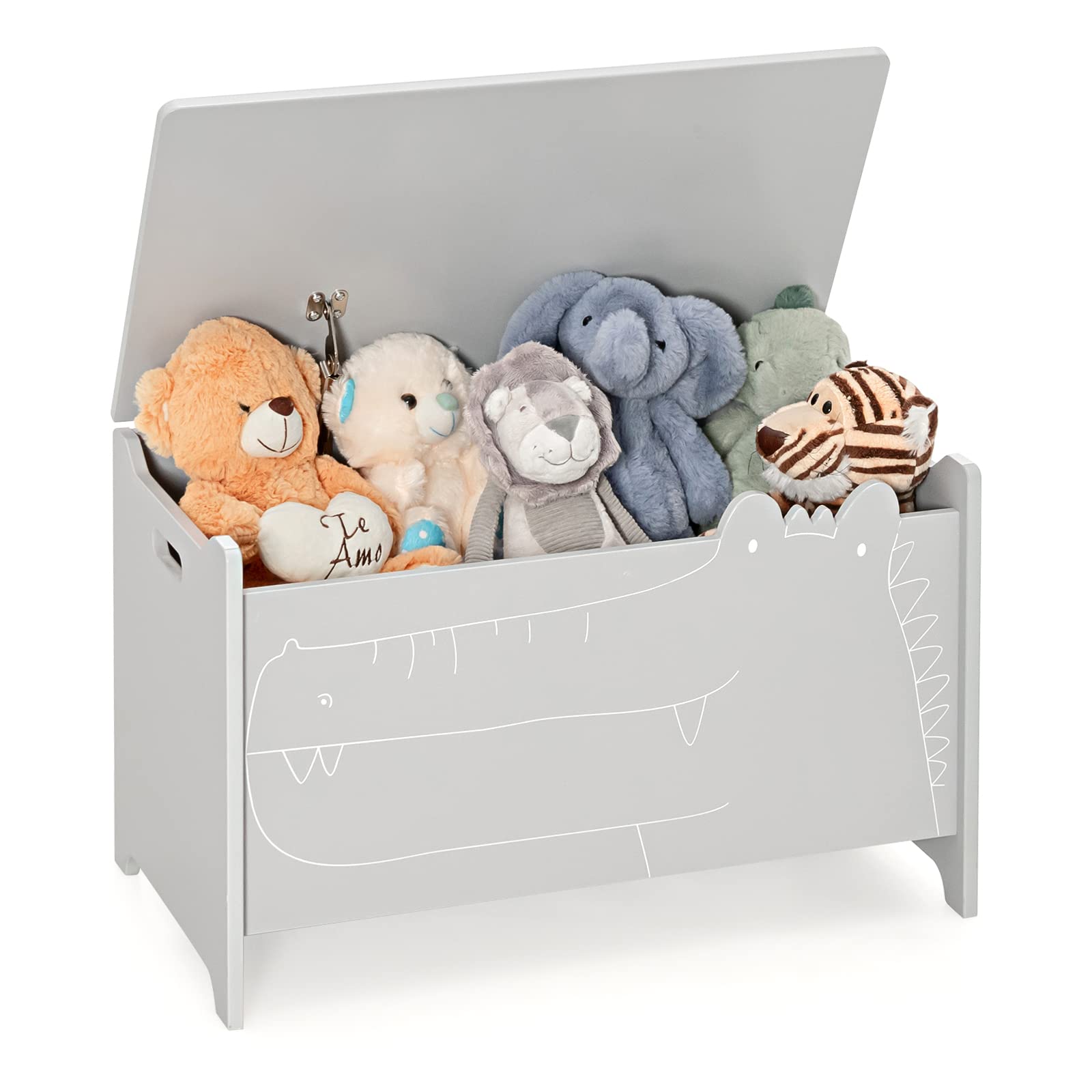 INFANS Wooden Toy Chest , Wide Kids Toy Box Storage Space with Safety Hinge and Handles