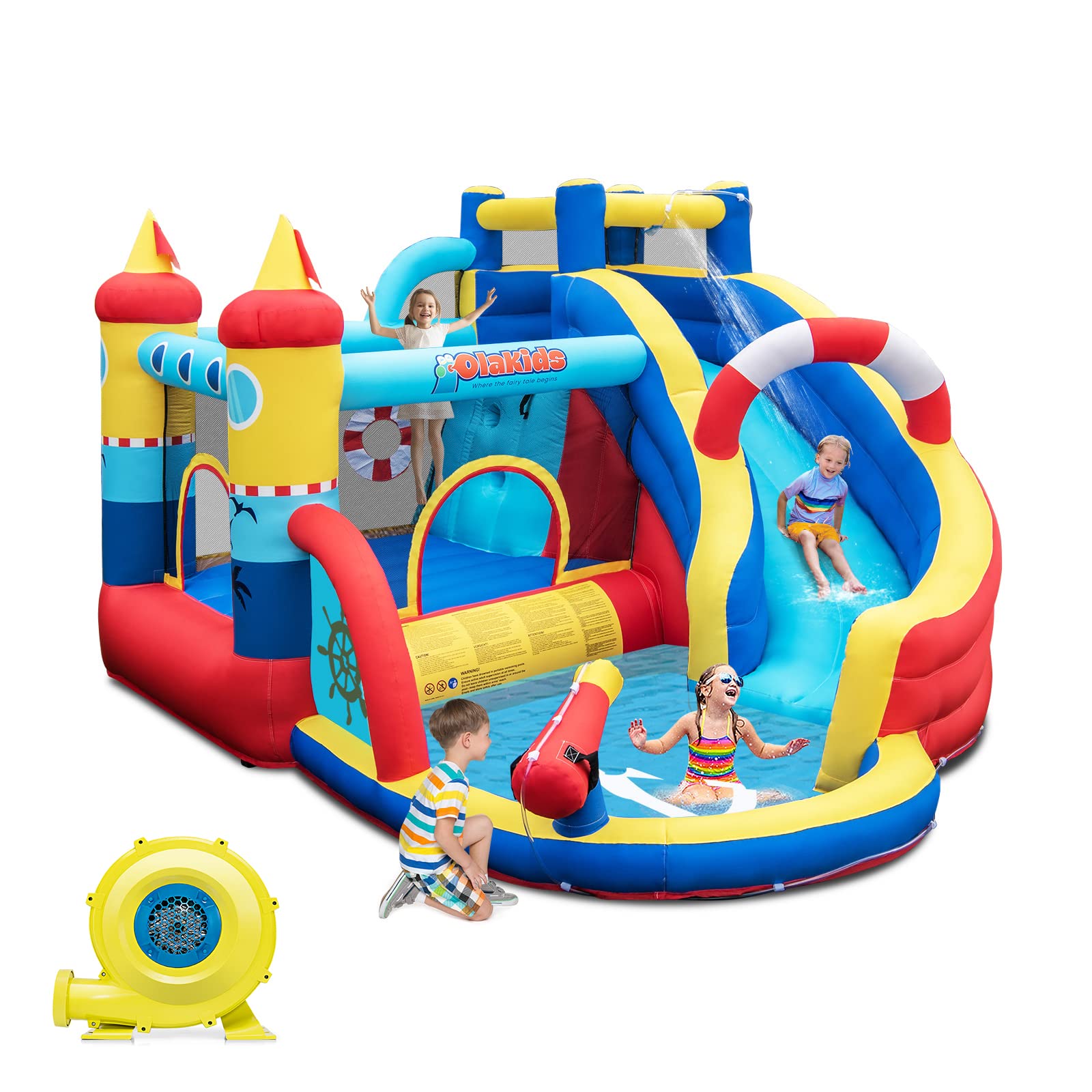 INFANS Inflatable Water Slides, Nautical Themed Bouncy House with Splash Pool,  Water Gun, Outdoor Jumping Castle (with Air Blower)