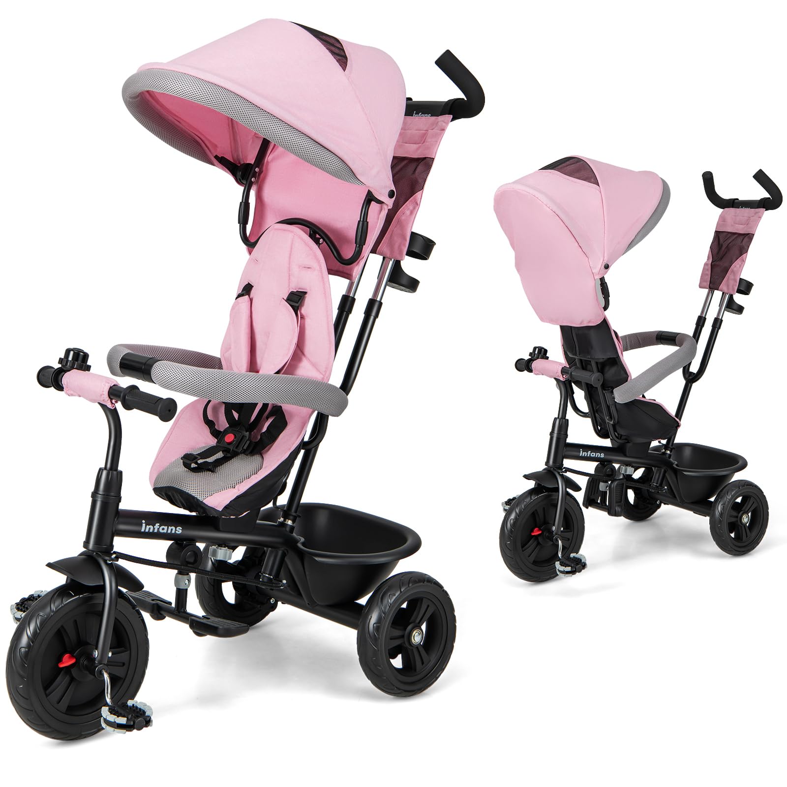 INFANS Kids Tricycle, 6 in 1 Baby Trike Toddler Bike with Reversible Seat, Adjustable Push Handle, Removable Canopy