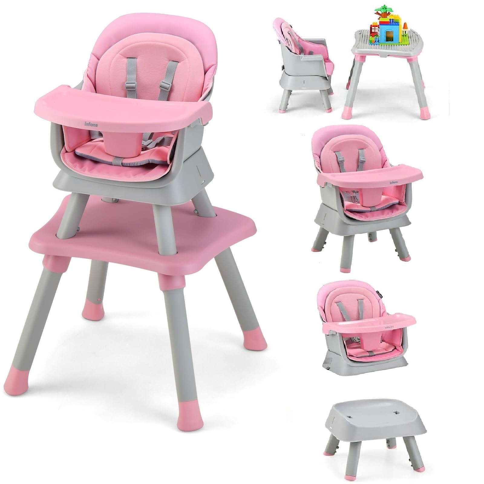 INFANS 8 in 1 Baby High Chair, Convertible Highchair for Babies and Toddlers, Infant Dining Booster Seat, Kids Stool Table Chair Set