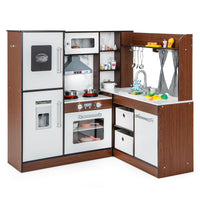 INFANS Corner Kids Kitchen Playset, Ultimate Wooden Pretend Cooking Toy Set with Real Running Water