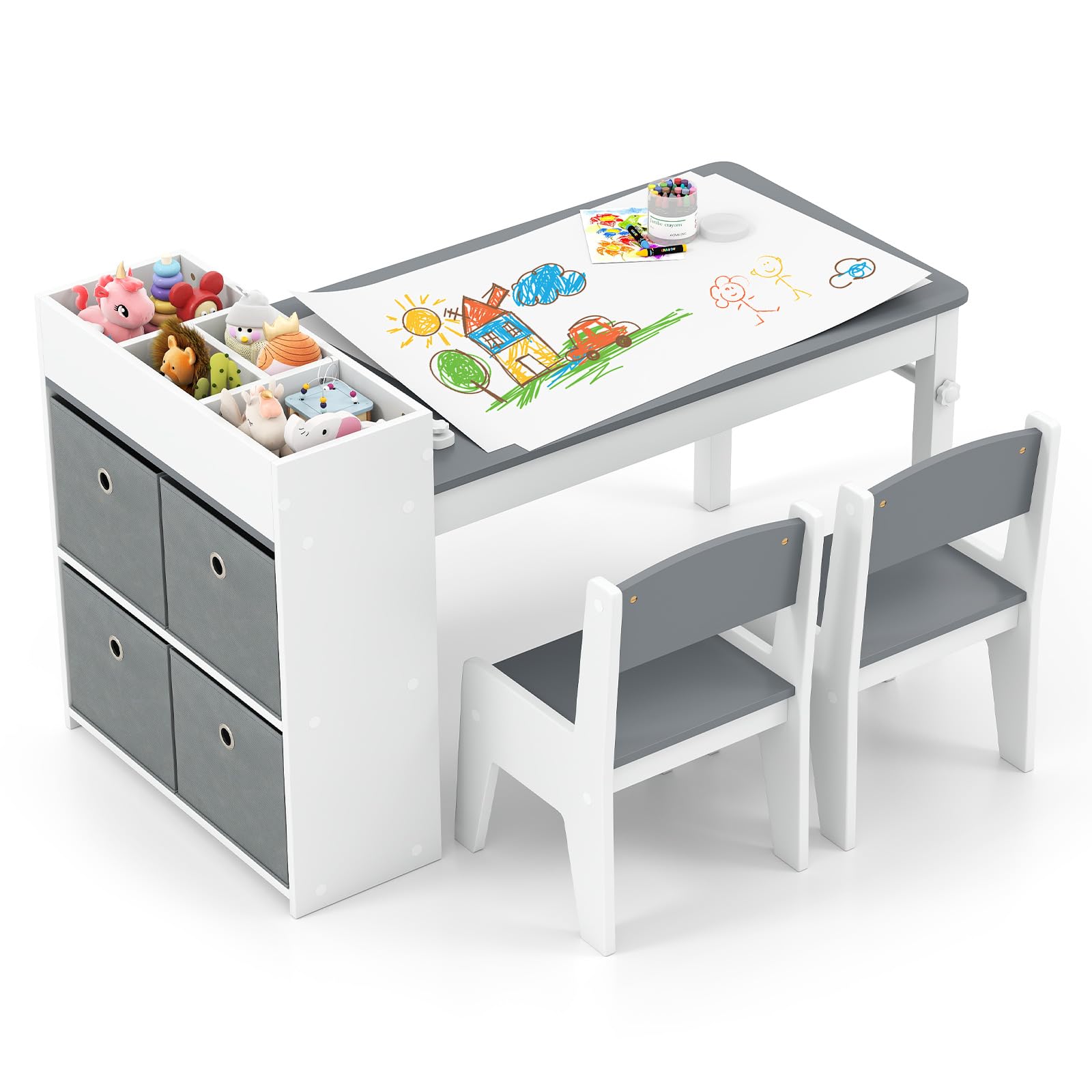 INFANS Kids Table and Chair Set, Toddler Art Craft Play Wood Activity Desk with 2 Chairs 4 Storage Canvas Bins Paper Roll