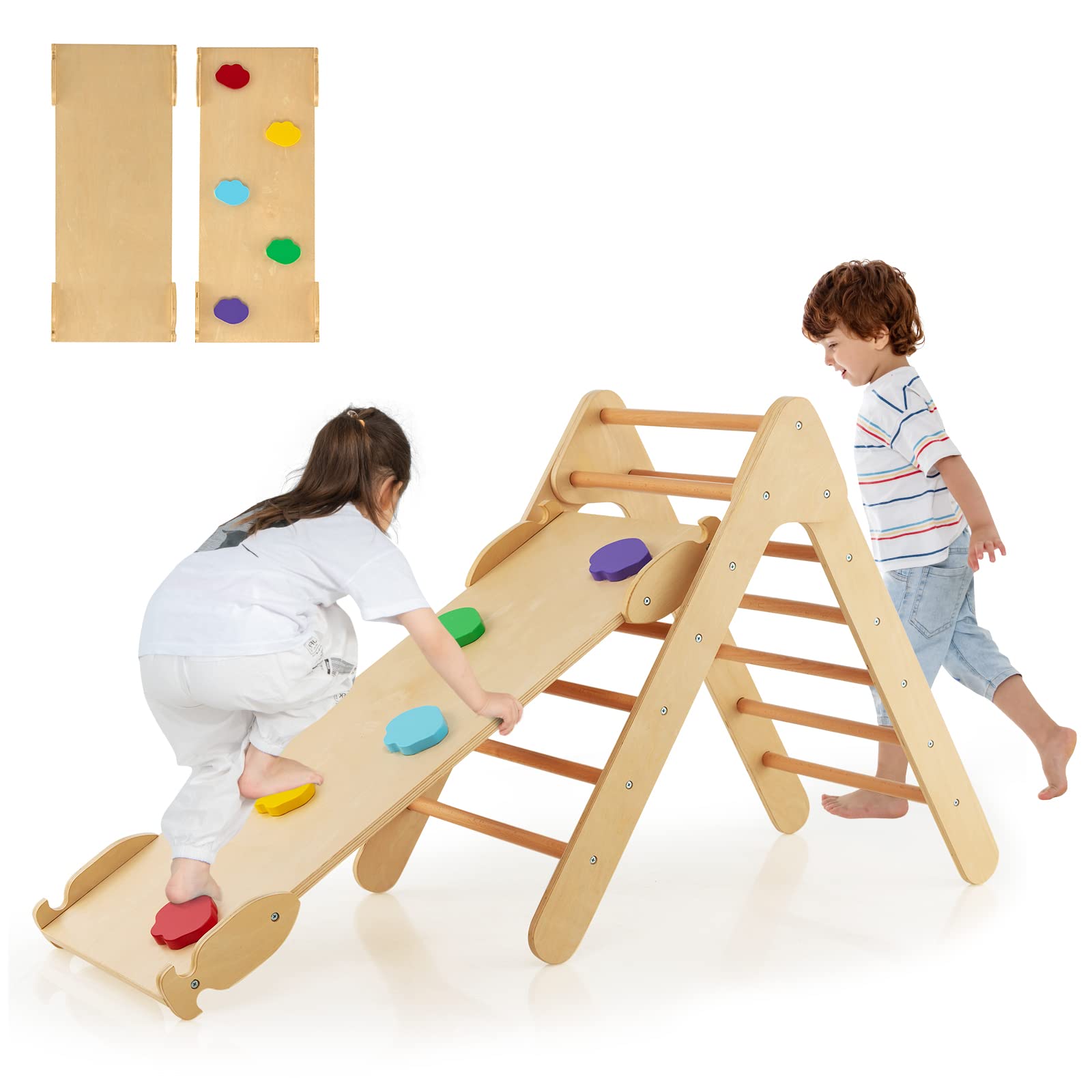 INFANS  Toddlers Triangle Climber, 3 in 1 Montessori Kids Wood Climbing Toy with Ramp, Ladder, Slide