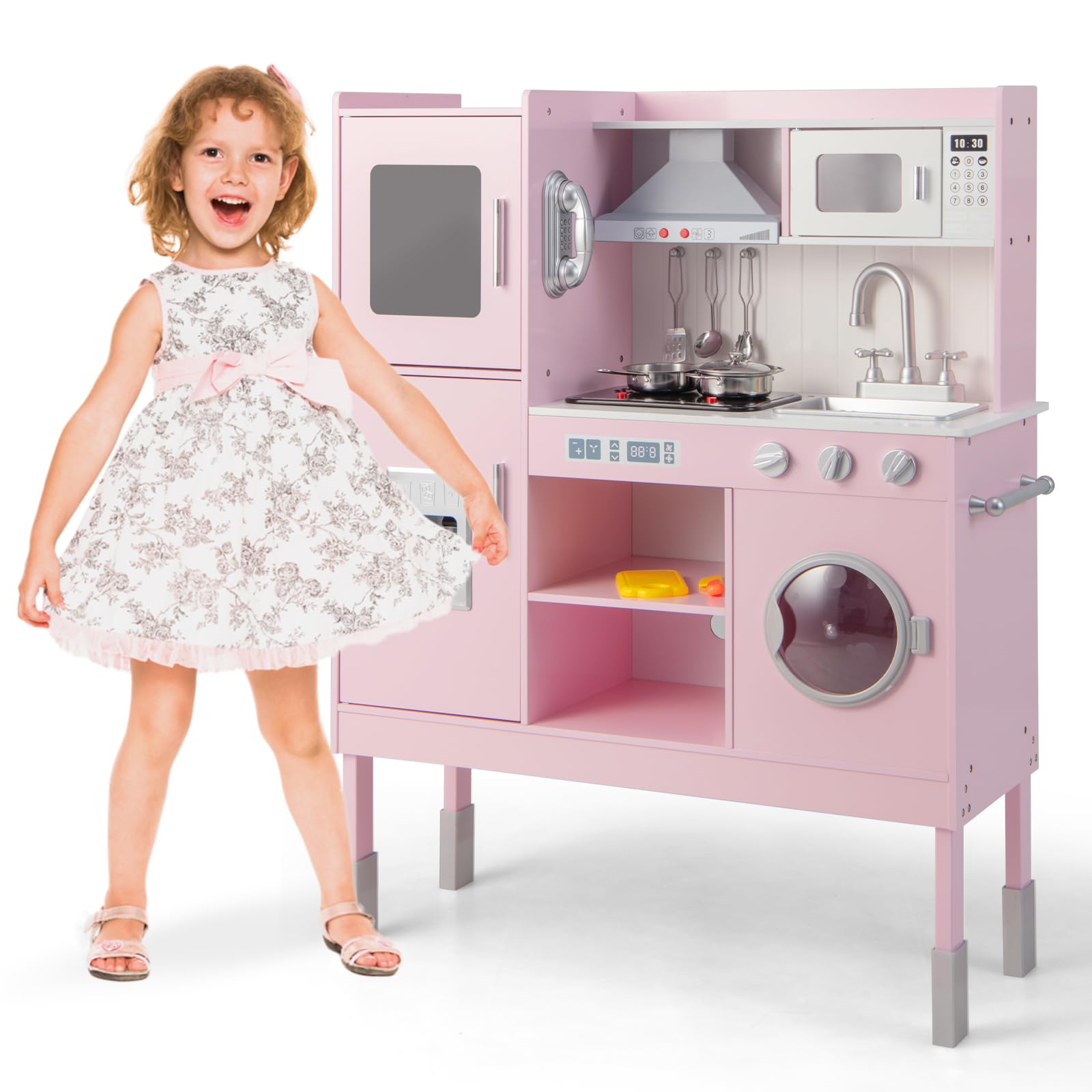INFANS Kids Kitchen Playset, Toddler Wooden Pretend Cooking Set with Realistic Light Sound