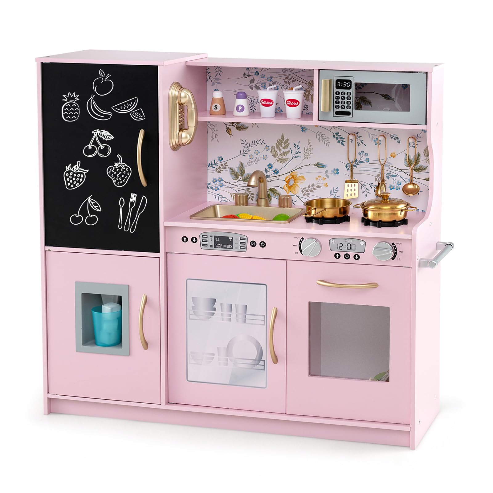 Wooden Play Kitchen for Toddlers with Chalkboard Fridge Ice Maker Telephone Microwave Oven Stove Sink