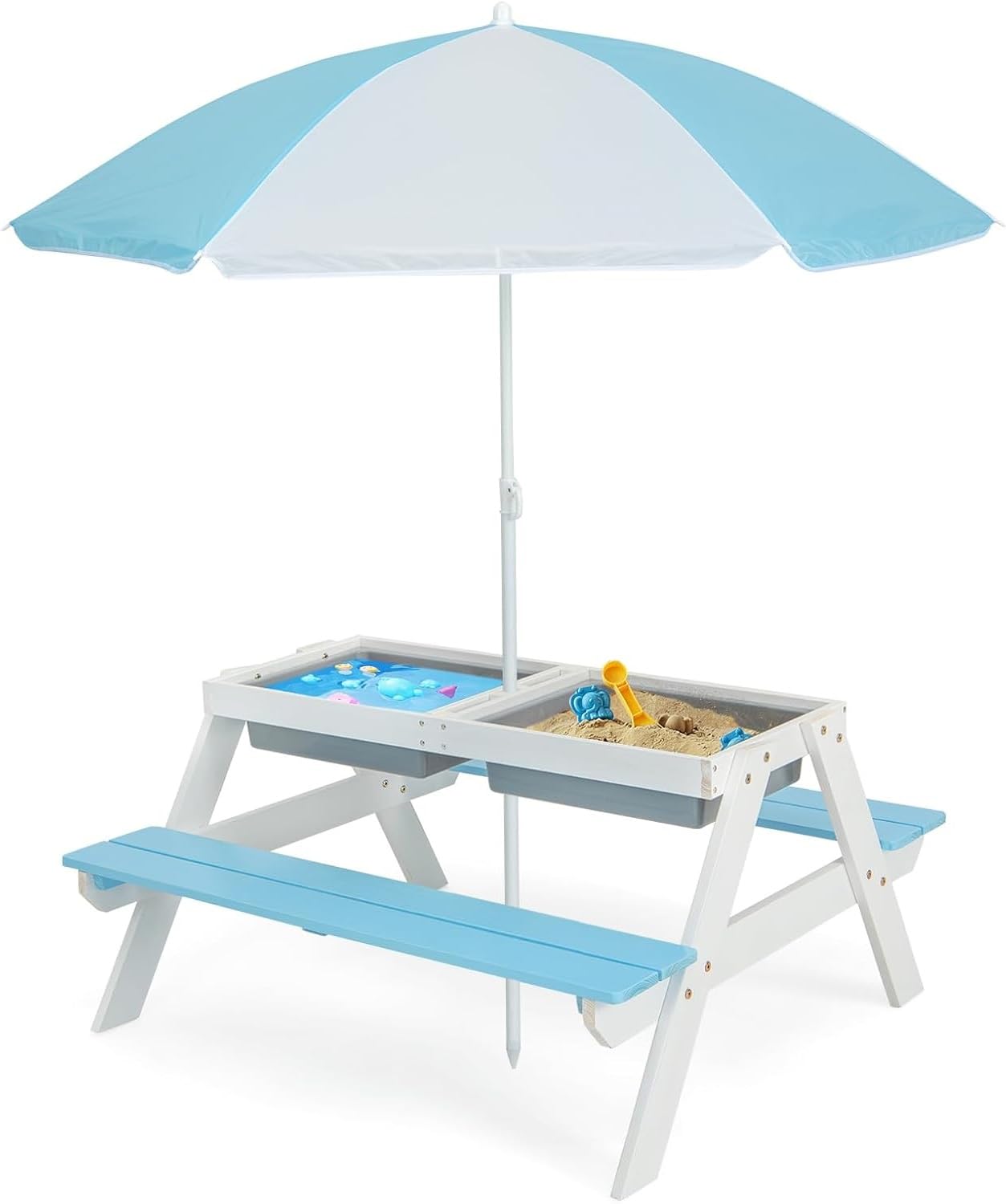 4 in 1 Outdoor Toddler Sand Water Wooden Table and Chair Set with Removable Umbrella