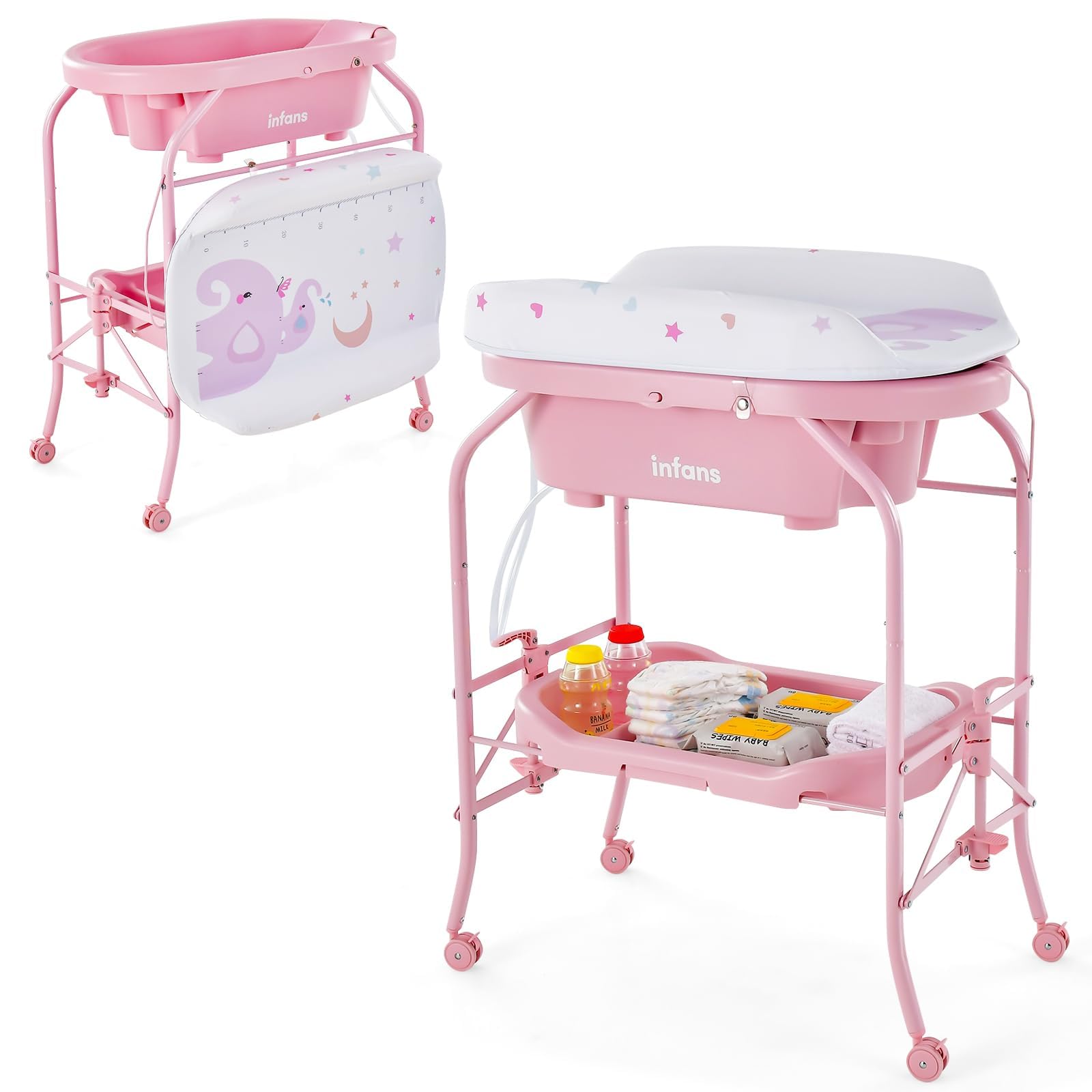INFANS 2 in 1 Baby Changing Table with Bath Tub Unit, Folding Diaper Dresser Station with Wheels Waterproof Pad