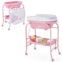 INFANS 2 in 1 Baby Changing Table with Bath Tub Unit, Folding Diaper Dresser Station with Wheels Waterproof Pad