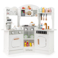 INFANS Corner Kids Kitchen Playset, Toddler Wooden Pretend Cooking Set with Lights Sounds Coffee Machine Washing Machine