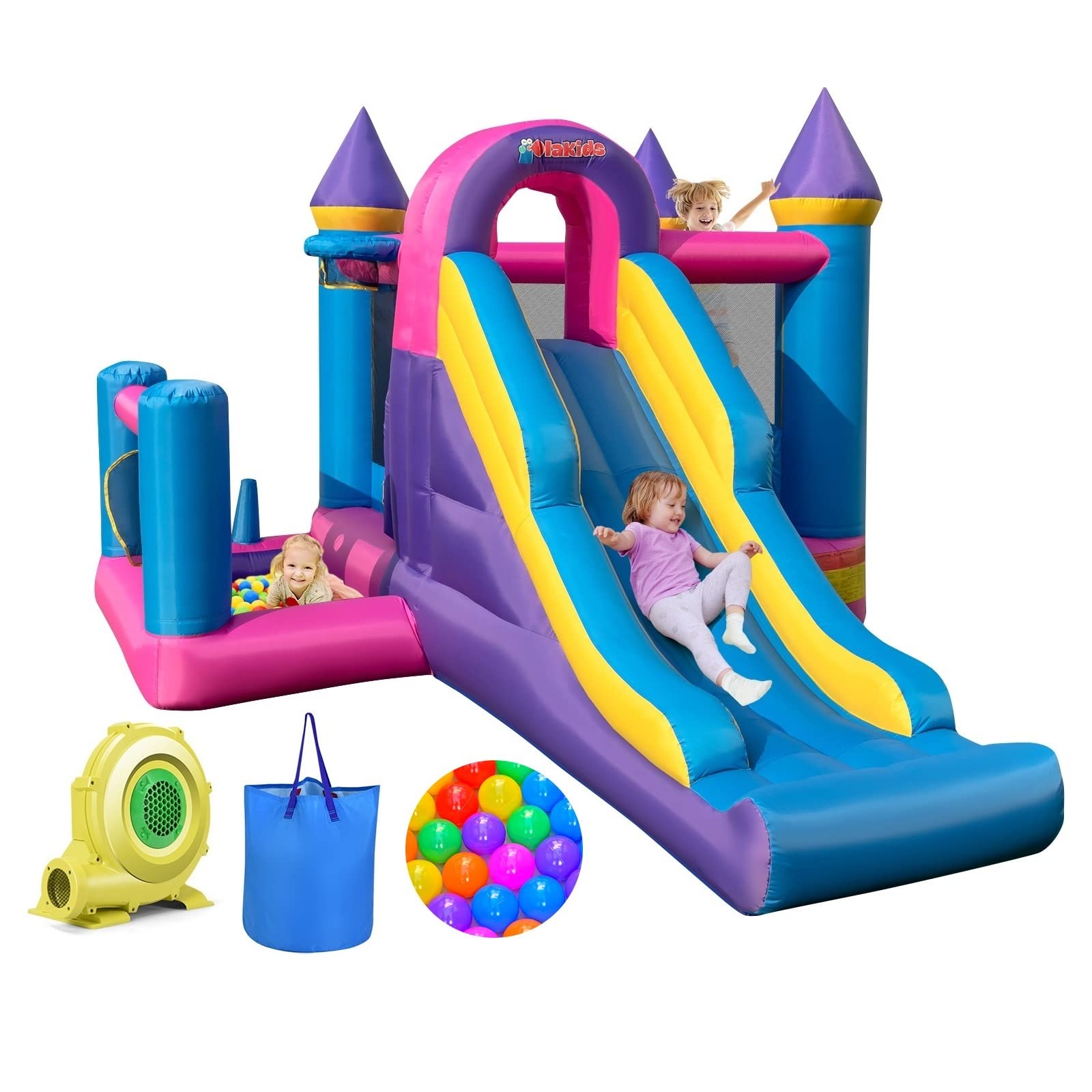 INFANS Inflatable Bounce House, Kids Pink Jumping Castle with Slide, Ball Pit, Climbing Wall, Basketball Rim