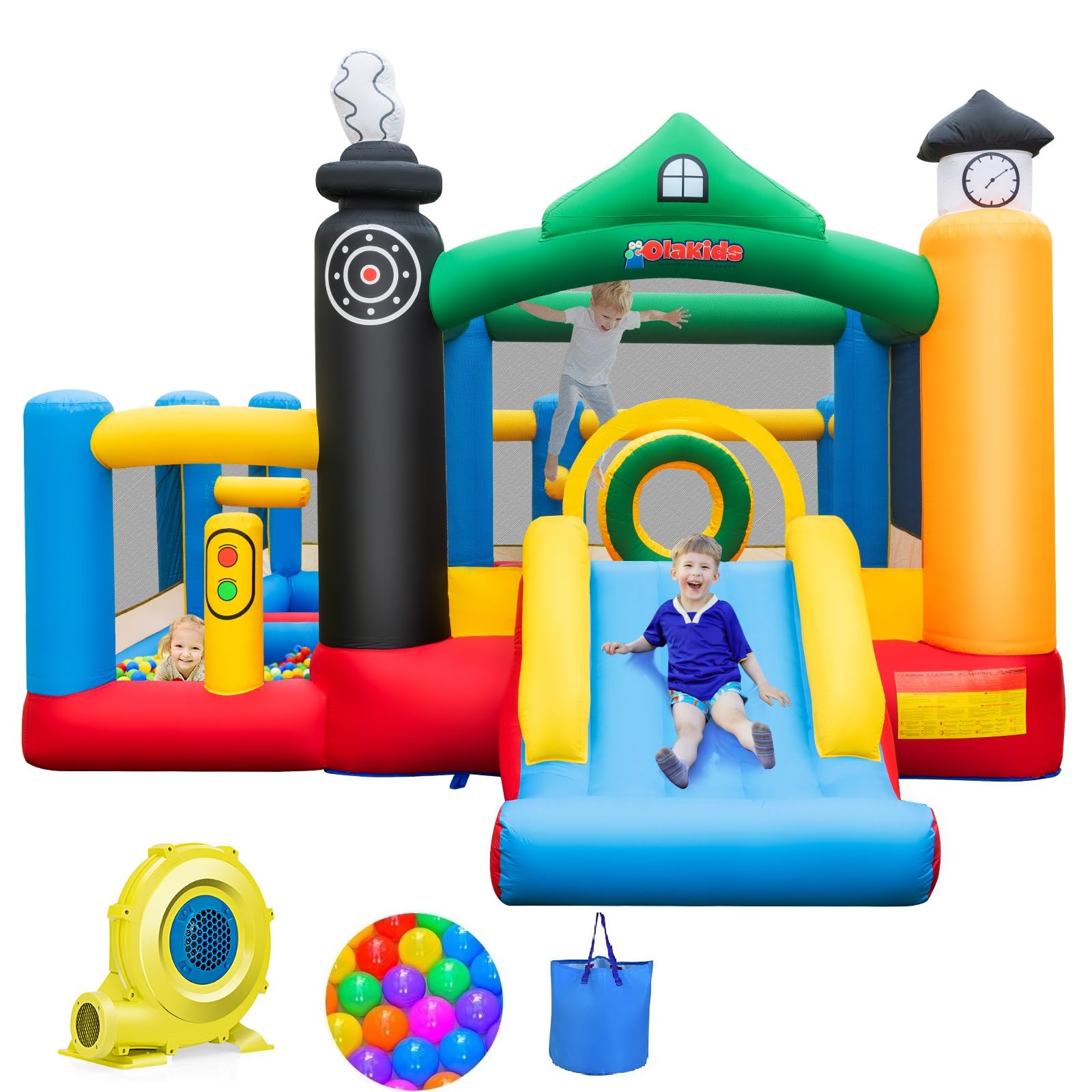 INFANS Inflatable Bounce House, Train Theme Kids Jumping Castle, Inflatable Obstacle Course with 950W Blower