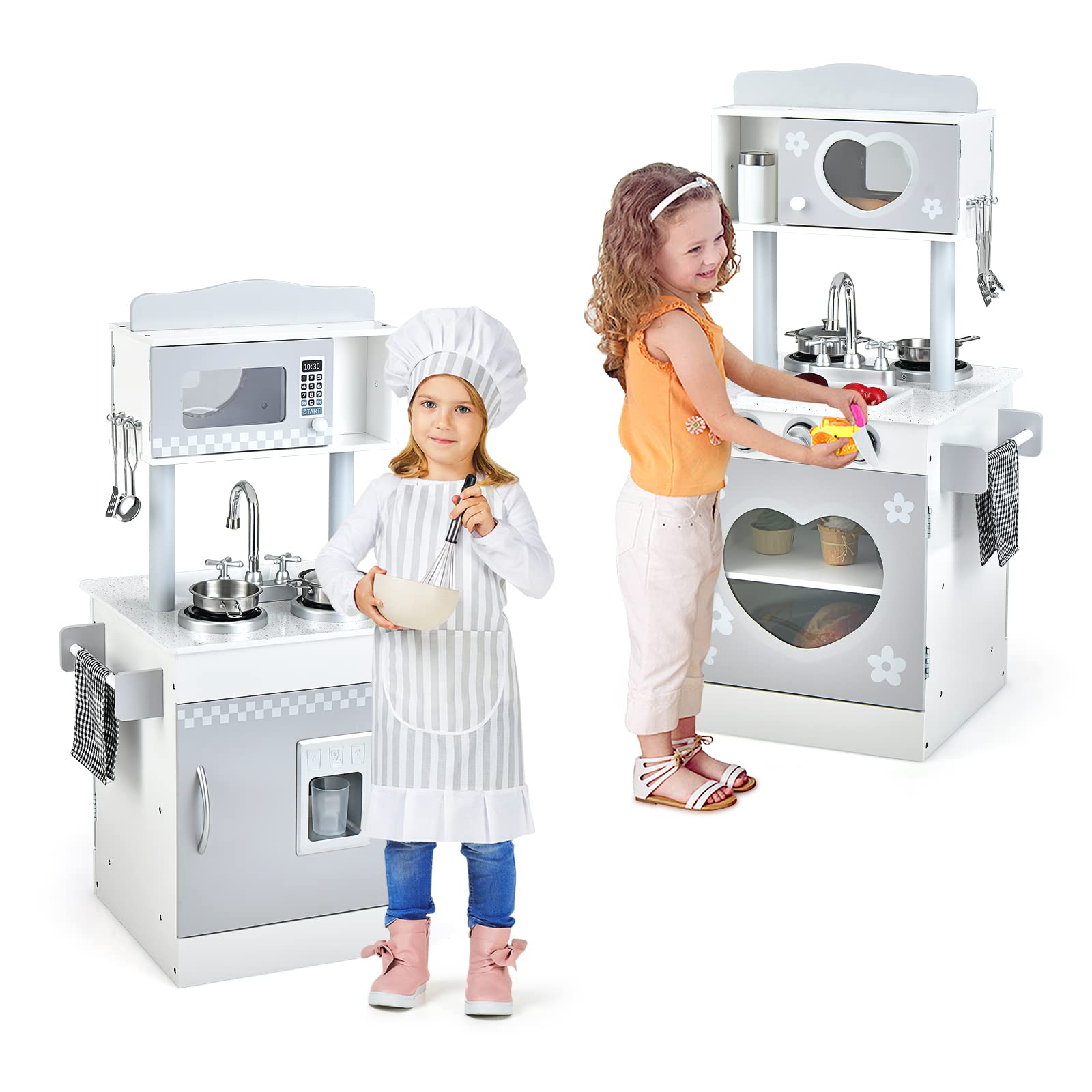 INFANS Toddler Wooden Pretend Cooking Set with Realistic Light & Sound