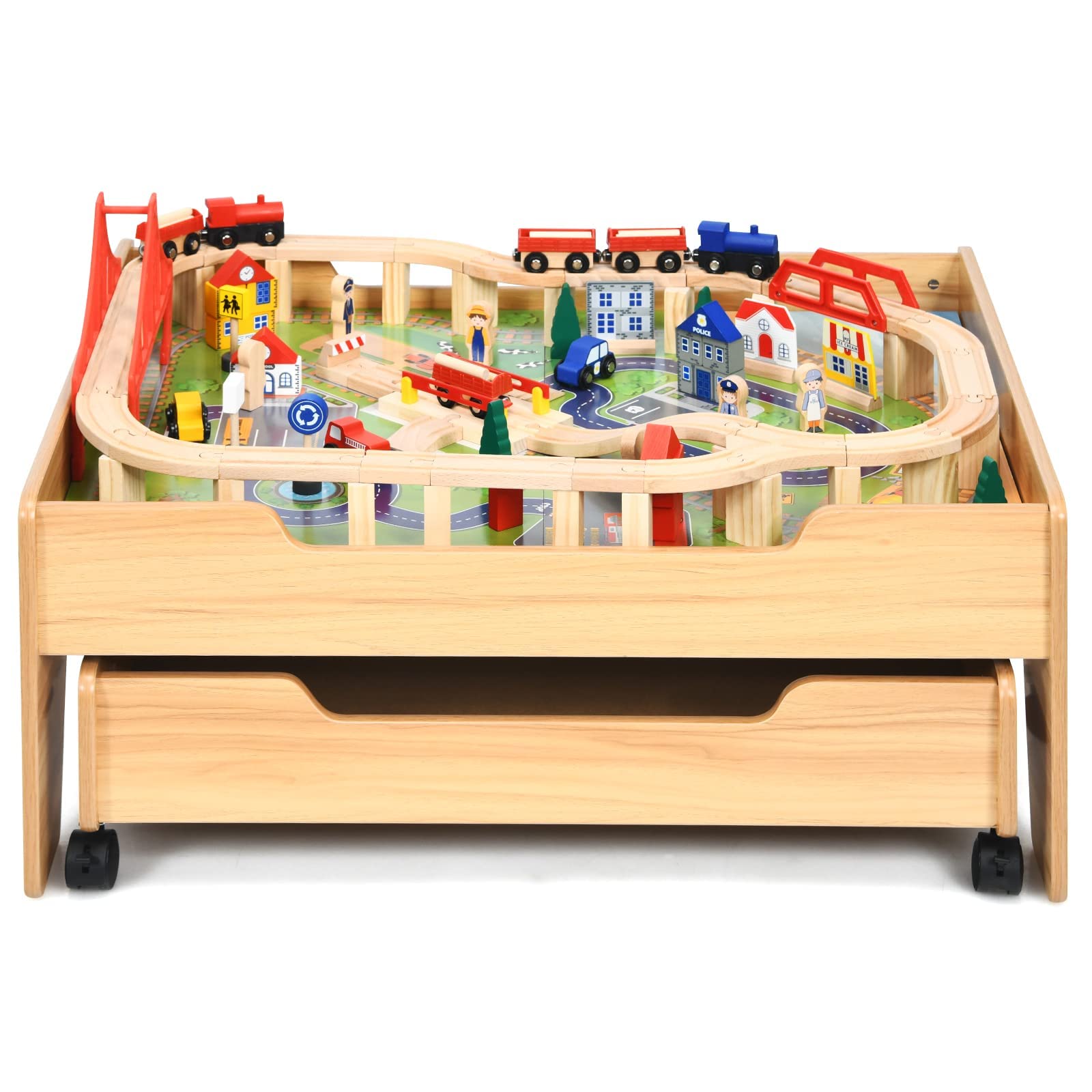 100 Pieces Kids Wooden Activity Table Playset with Storage Drawer Multicolor Railway Tracks Cars City