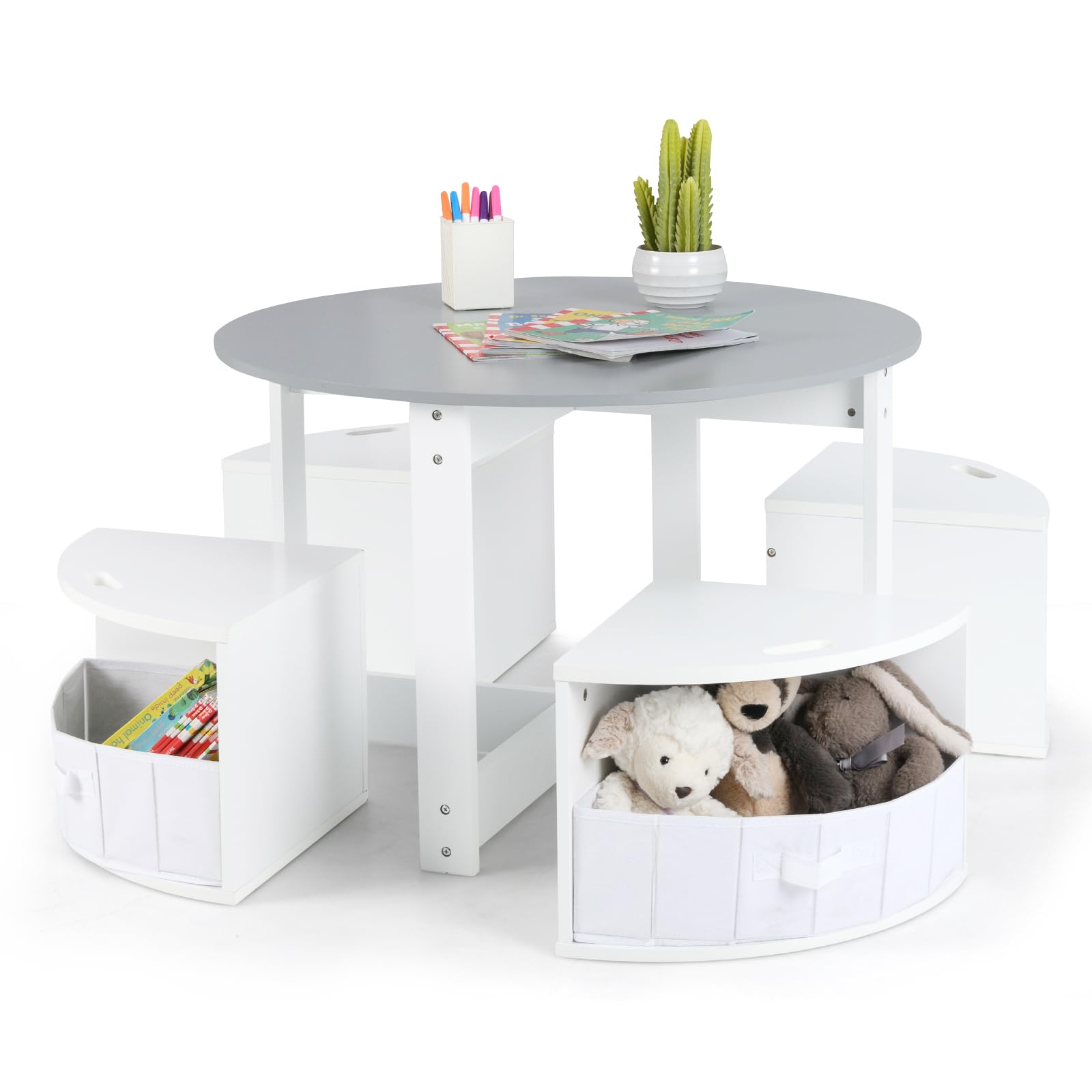 INFANS Toddler Table and Chair Set, Wooden Table and 4 Chairs with Nesting Design, Children Multi-Activity Table