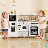 INFANS Kids Kitchen Playset, Toddler Wooden Pretend Cooking Toy Set with Acrylic Drawing Board Ice Machine Dishwasher