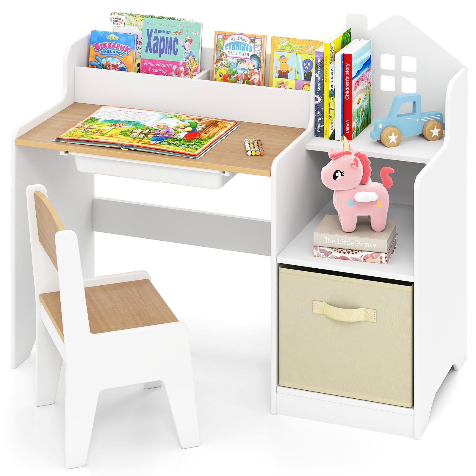 INFANS Kids Table and Chair Set, Toddler Art Craft Play Wood Activity Desk with Chairs, Children Furniture