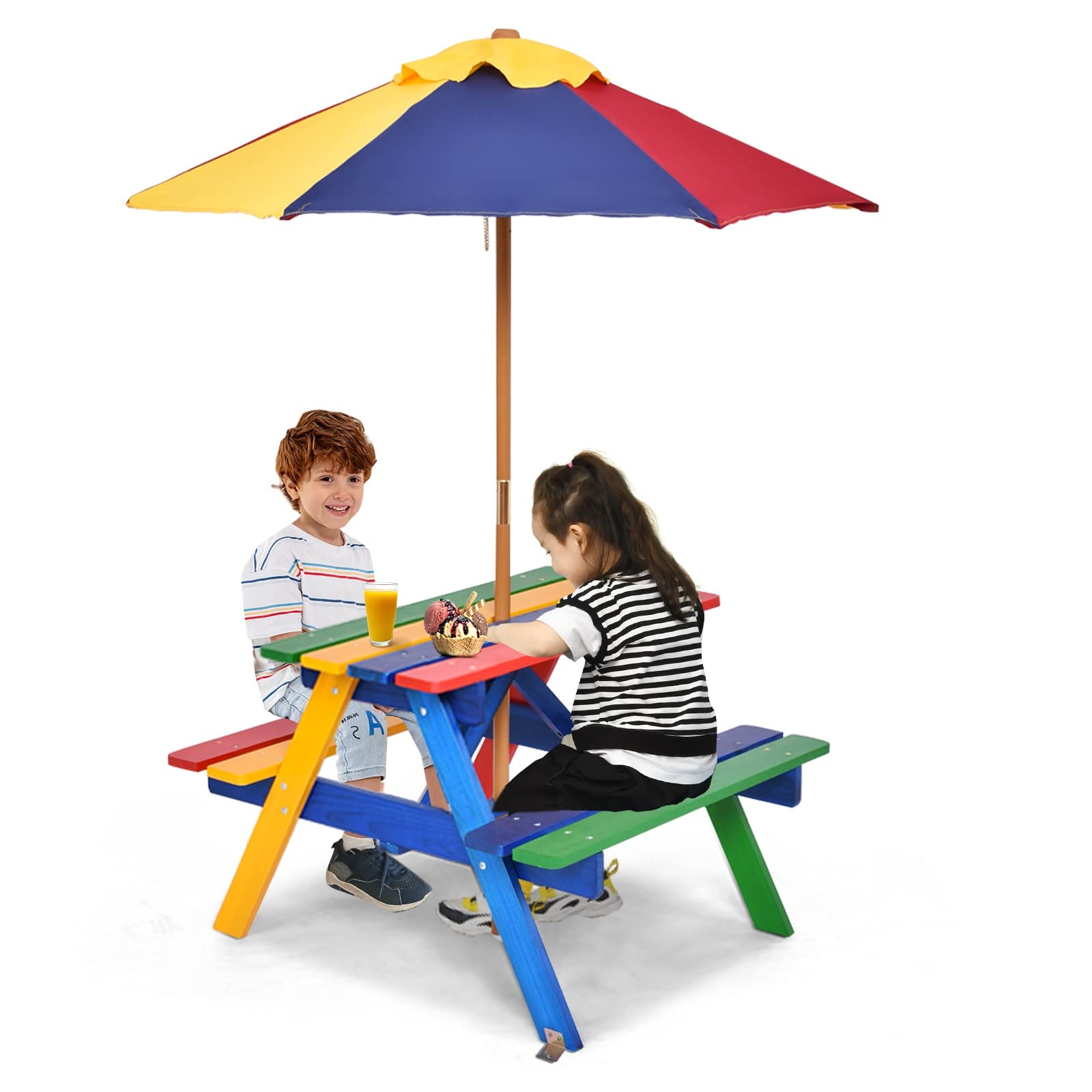 Kids Outdoor Wood Table and Chair Bench Set with Removable Umbrella