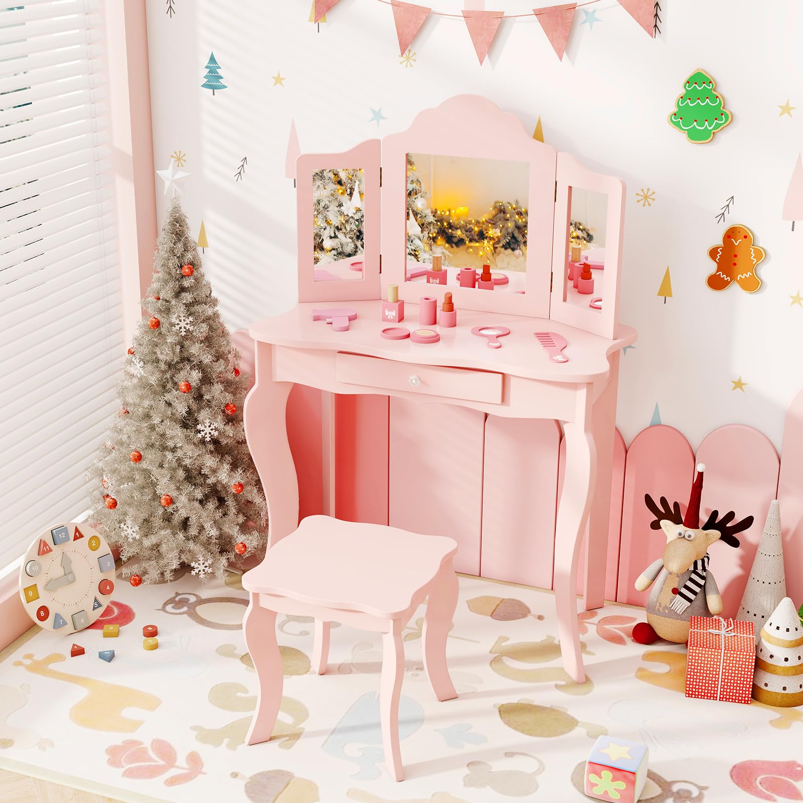 2 in 1 Wooden Princess Makeup Table and Stool with Tri-Folding Mirror for Little Girls Age 4-9