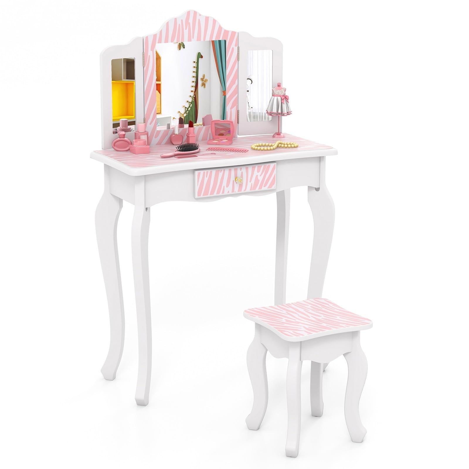 Pink Zebra-Stripe Kids Wooden Vanity Set with Tri-Folding Mirror