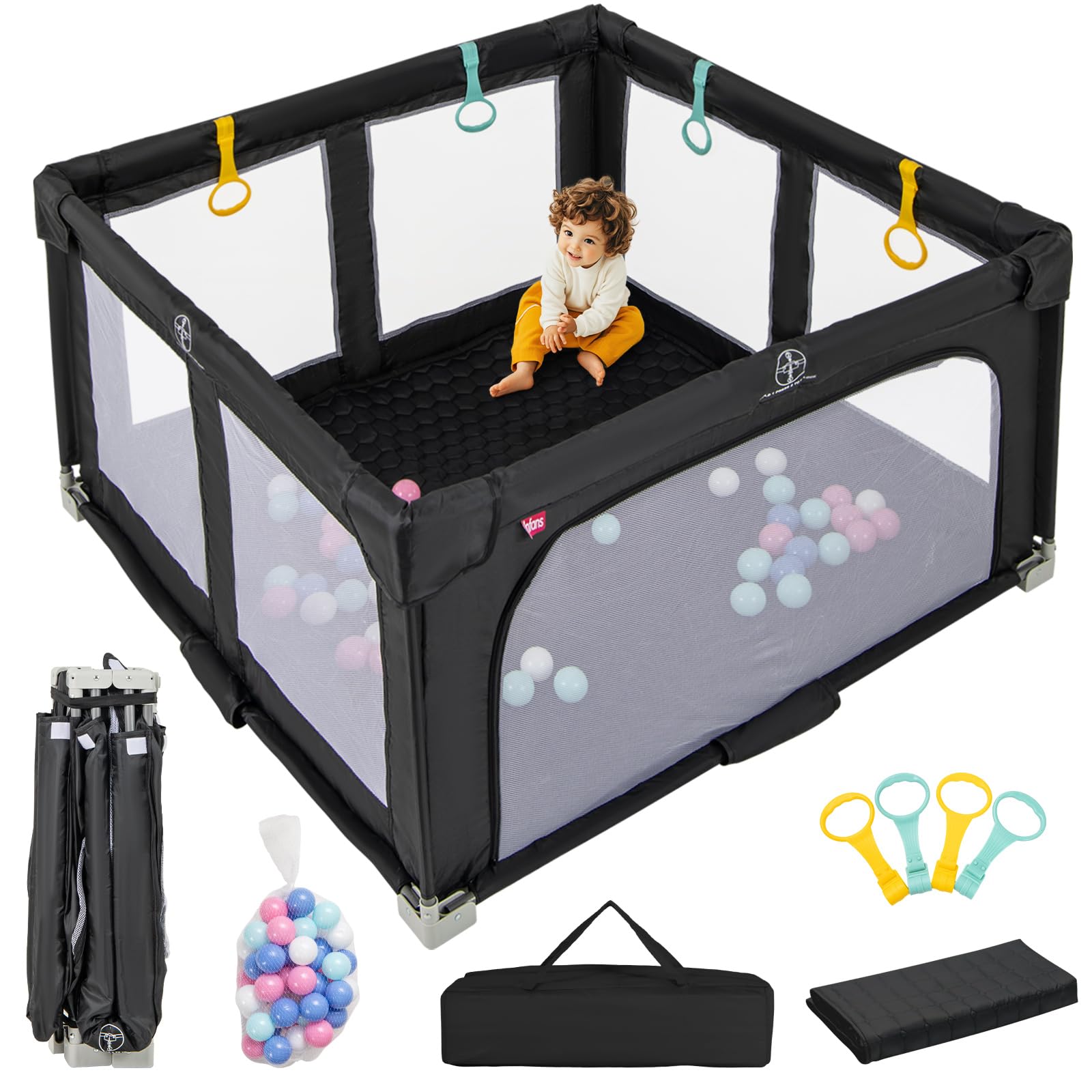 INFANS Foldable Baby Playpen with Mat, Large Baby Play Yard for Infant with 50 Ocean Balls, Fence Toddler Activity Center