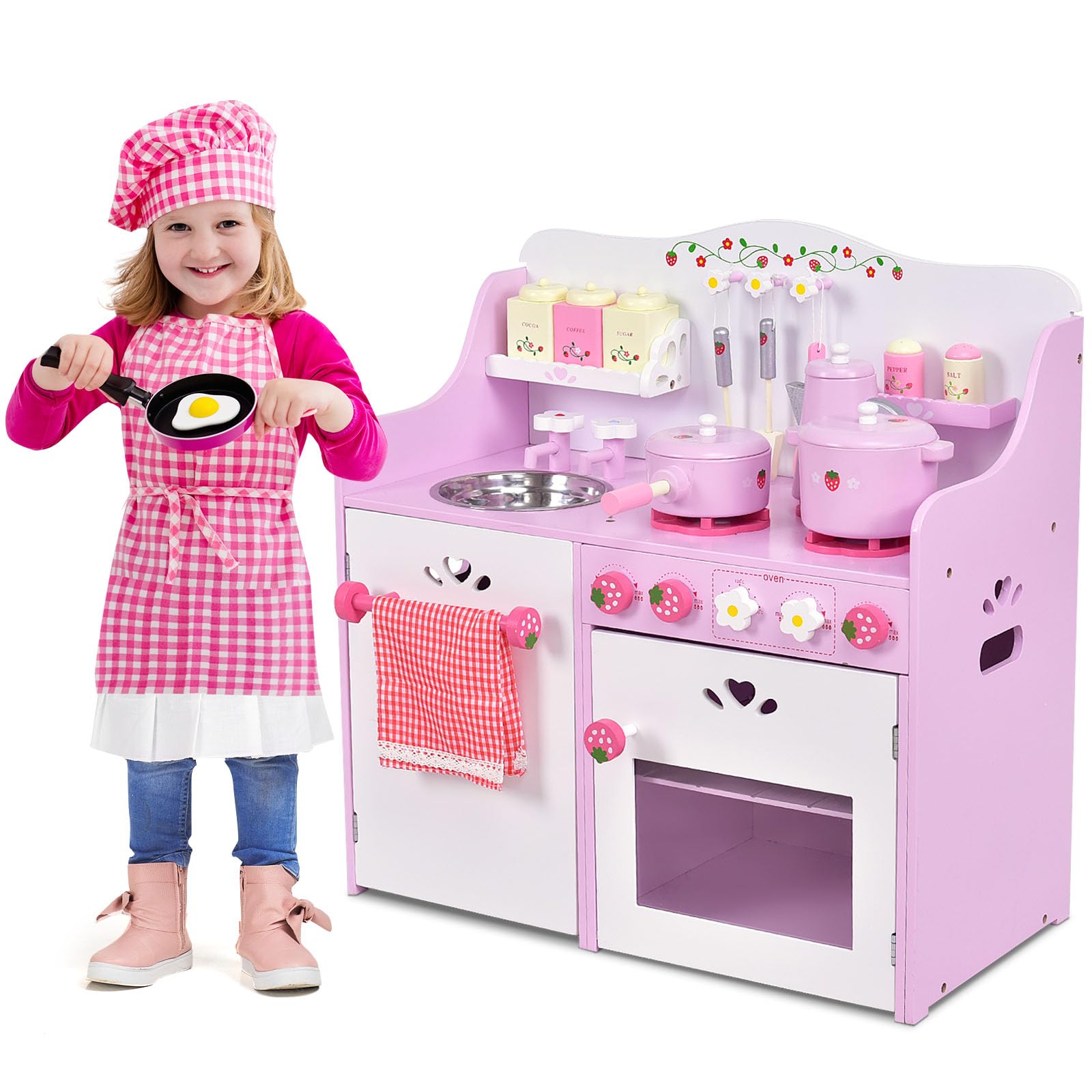 Pink Kids Kitchen Playset Wooden Pretend Cooking Food Set for Toddlers with Cookware