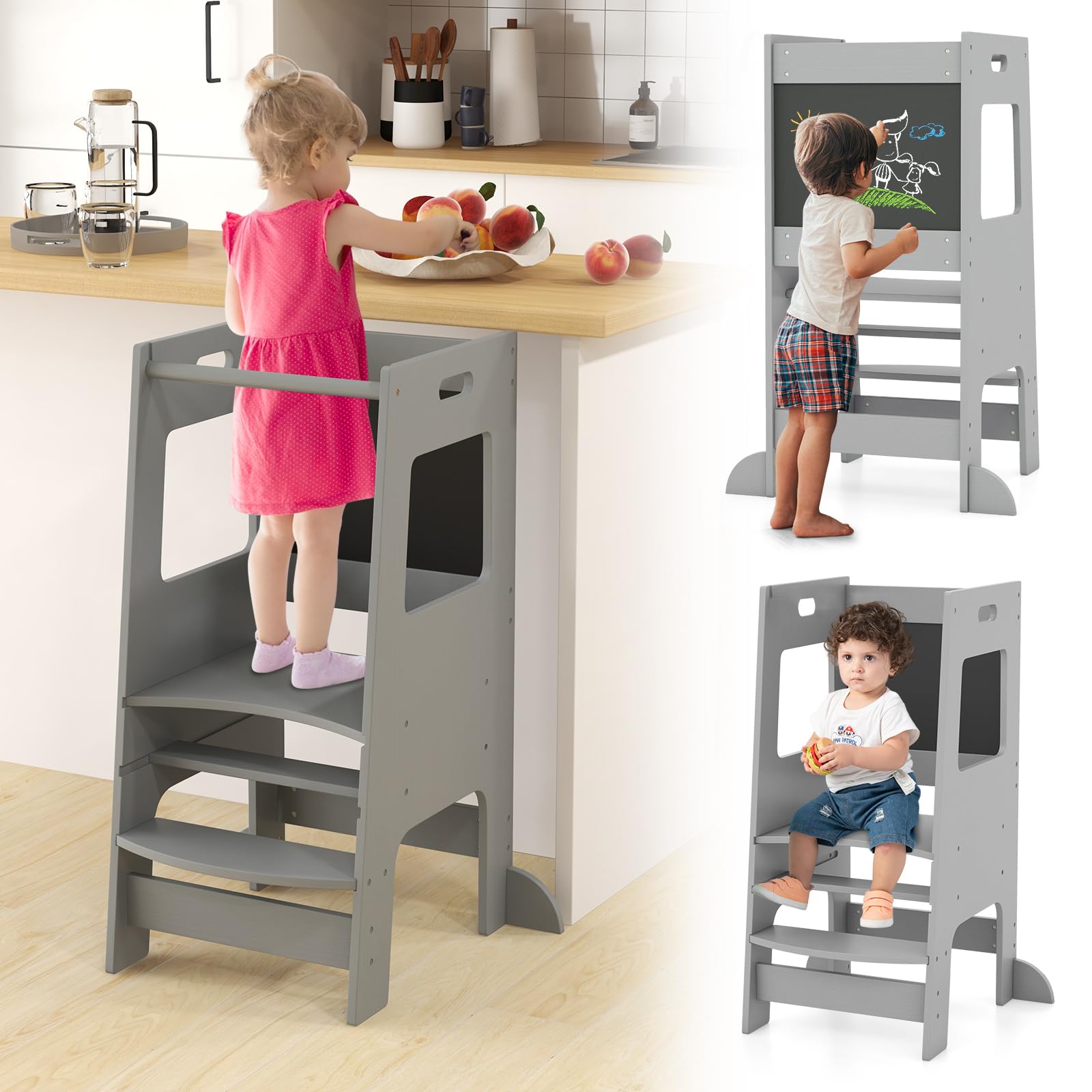 INFANS Toddler Standing Tower, Kids Montessori Kitchen Step Stool Helper with 2 Adjustable Height Learning Blackboard Safety Rail