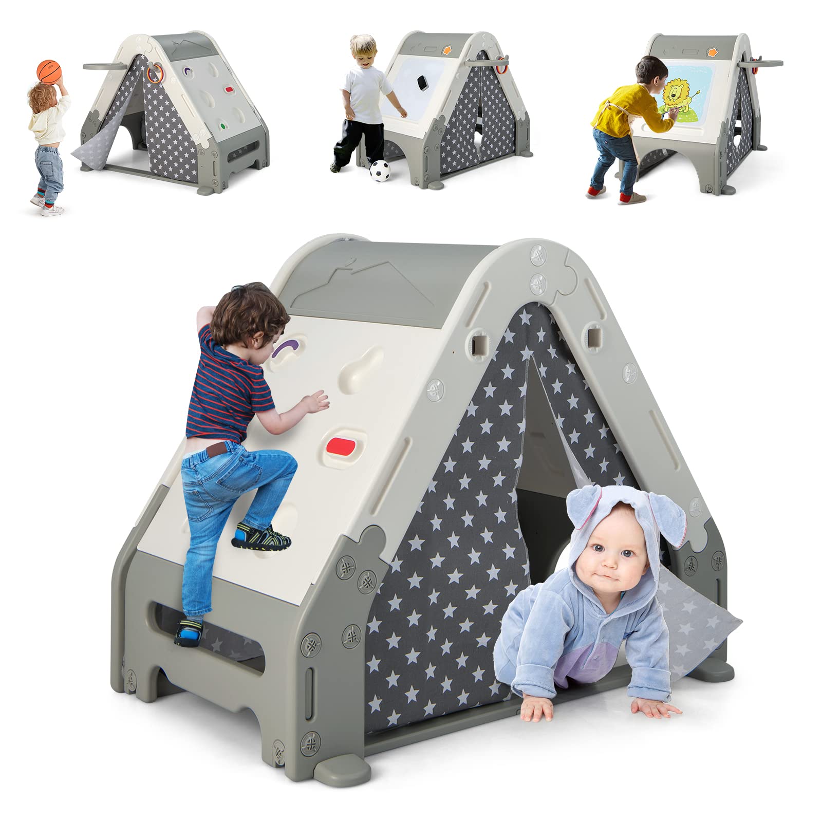 INFANS Triangle Climber with Tent, Kids Hideaway Play Tent with Rock Wall Climbing, Waterproof Tent Cover, Crawling Tunnel Toy