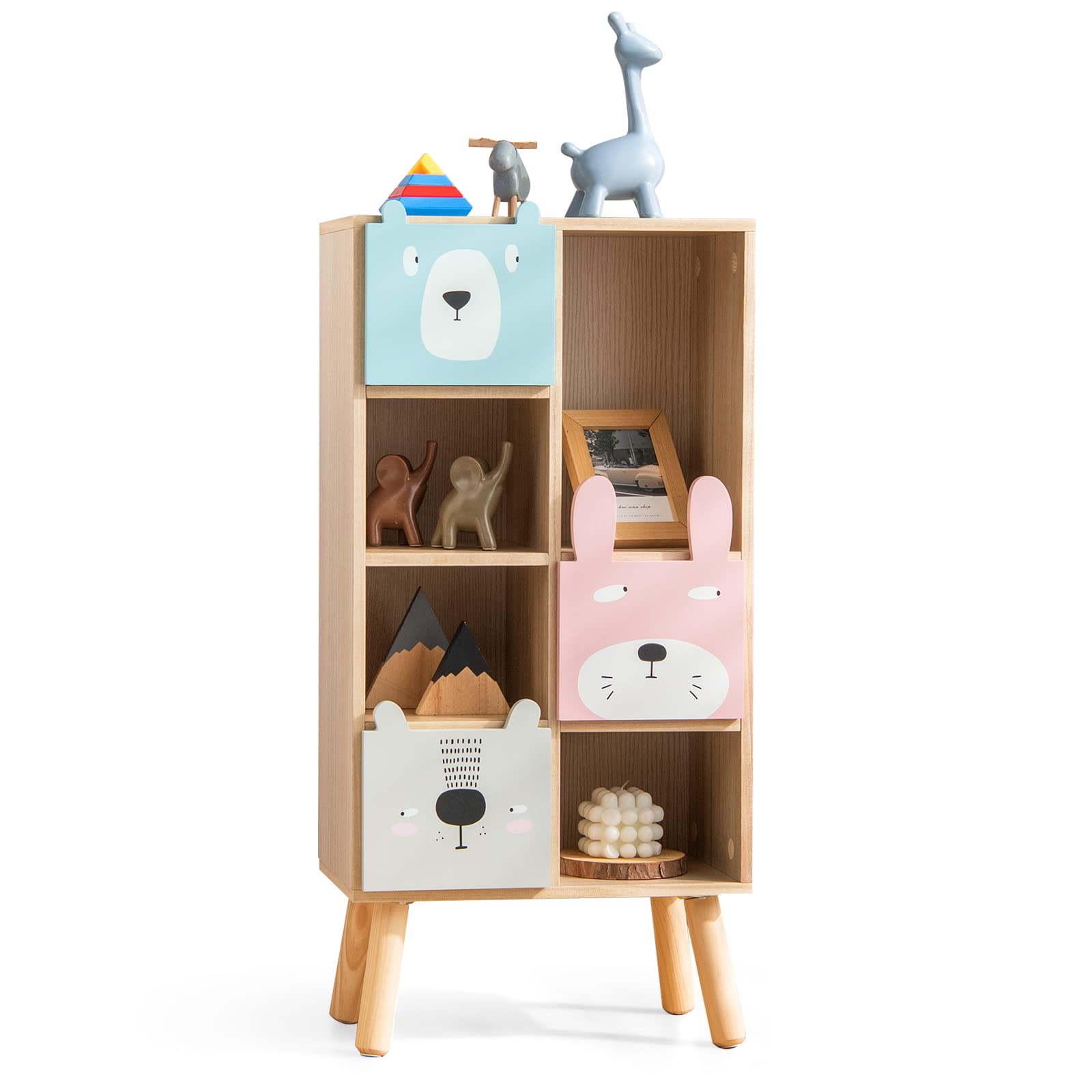 INFANS Kids Bookcase Toy Storage Organizer, Children Storage Cabinet with 3 Slide Drawers and 4 Cubes