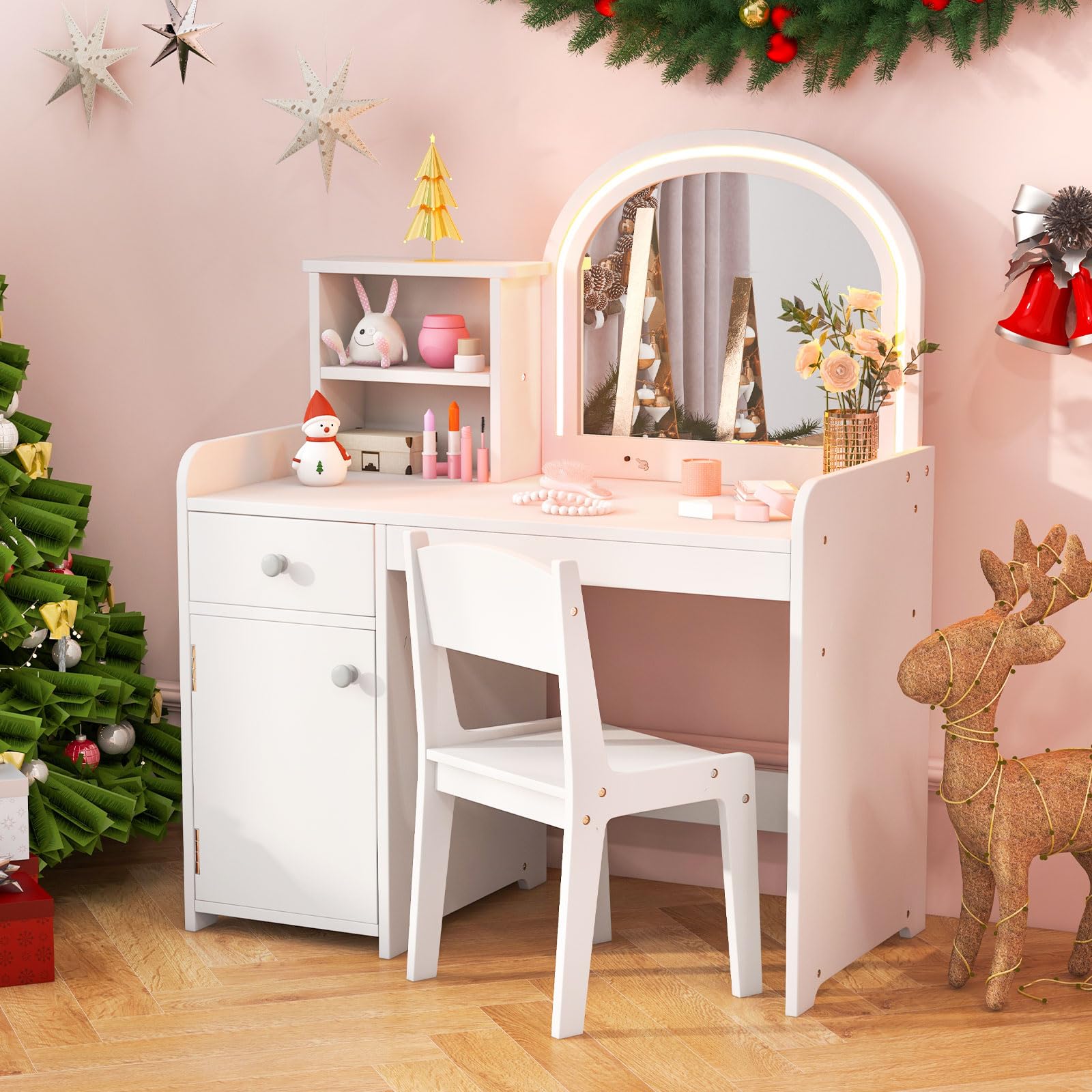 INFANS Kids Vanity, Princess Makeup Desk and Chair Set with Lights Mirror, Pretend Play Vanity Set for Toddler Girls