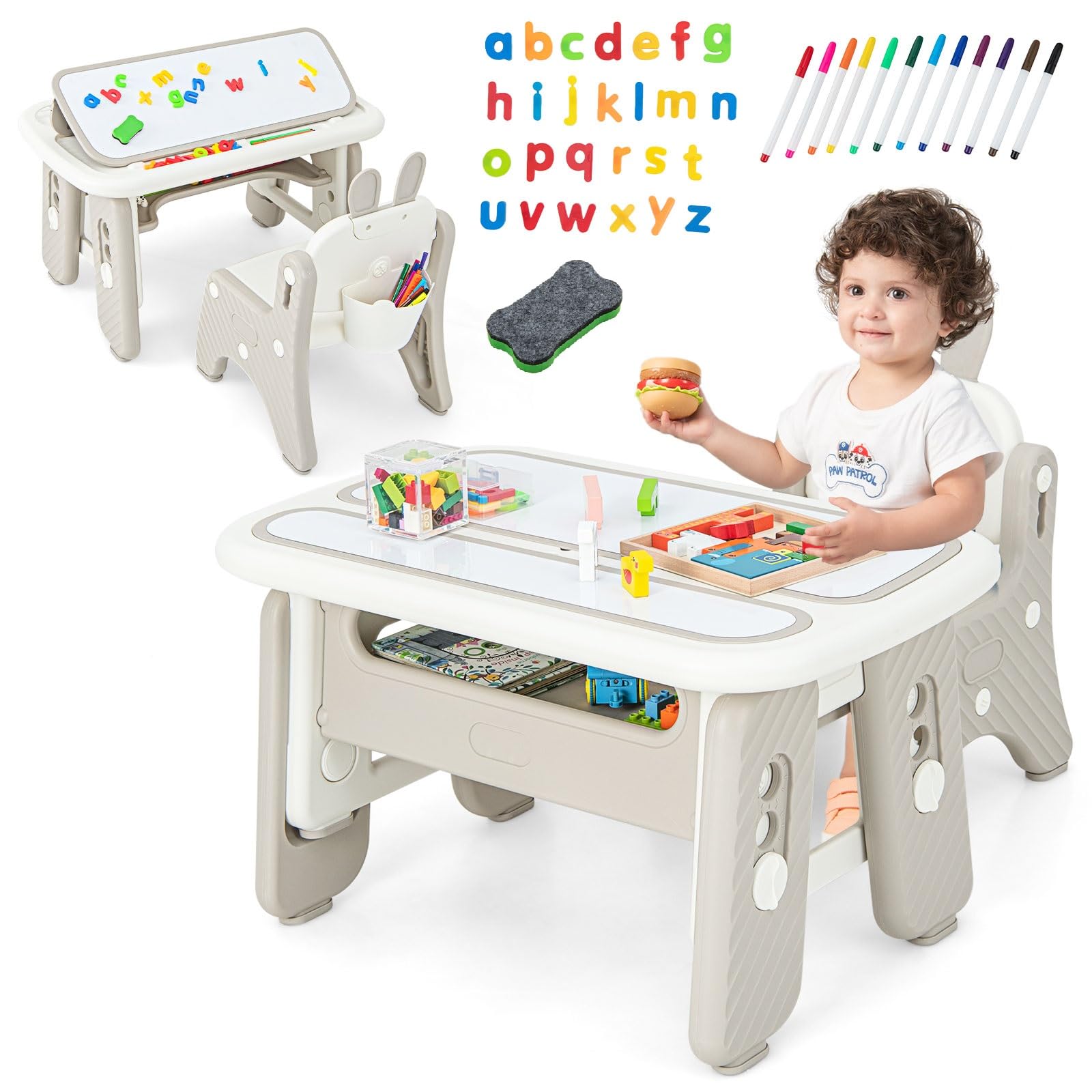 INFANS Kids Table and Chair Set, Activity Table with Magnetic Drawing Board Adjustable Height, Toddler Plastic Furniture Table