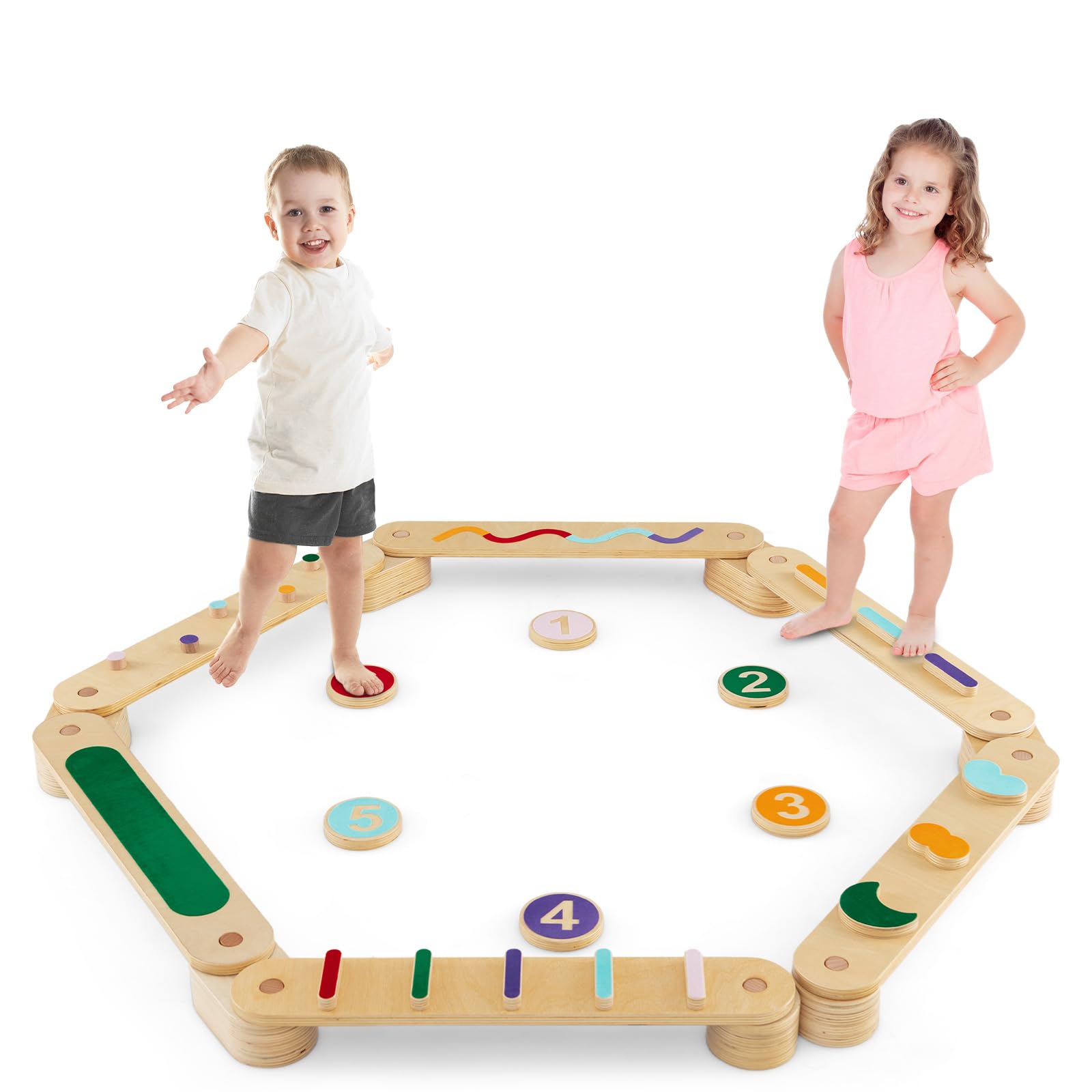 INFANS Wooden Balance Beam Stepping Stones for Kids, Montessori 12 Piece Obstacle Felt Course Gymnastics Toy for Playroom Indoor