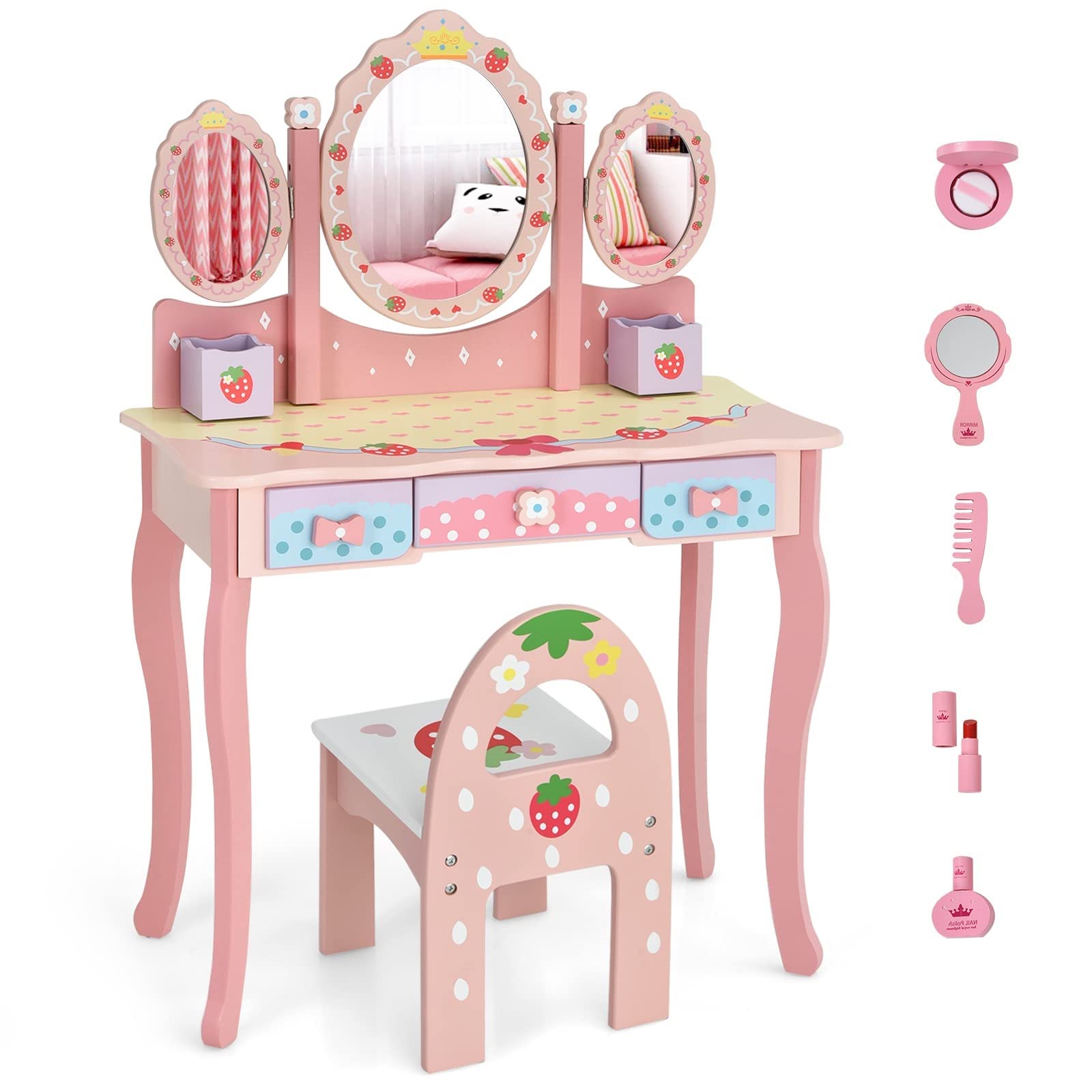Kids Vanity 2 in 1 Pink Strawberry Wooden Dressing Table and Chair Set